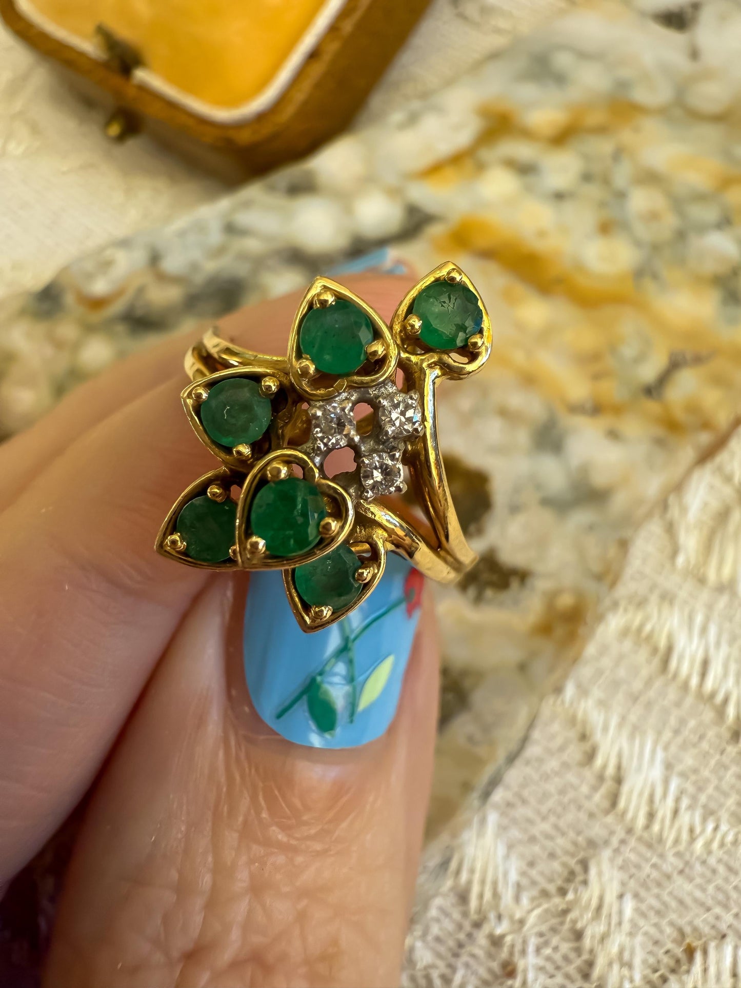 Vintage 14K Yellow Gold Emerald & Diamond Ring