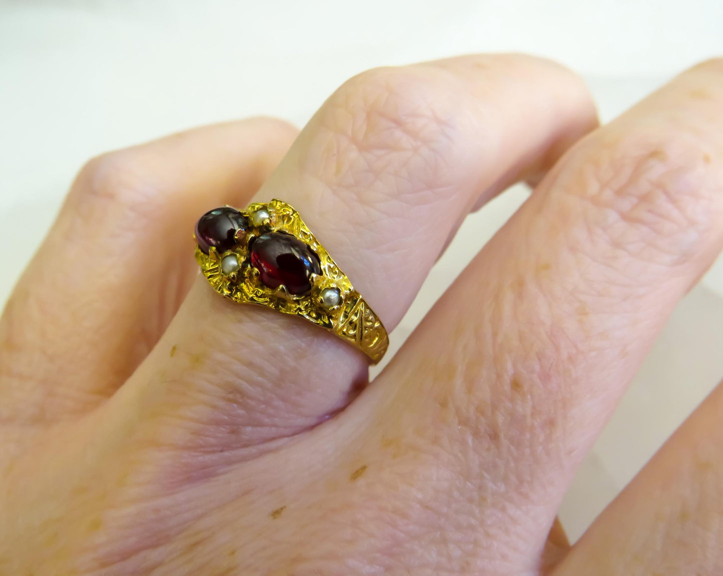 Victorian 9K Gold Garnet & Seed Pearl Ring
