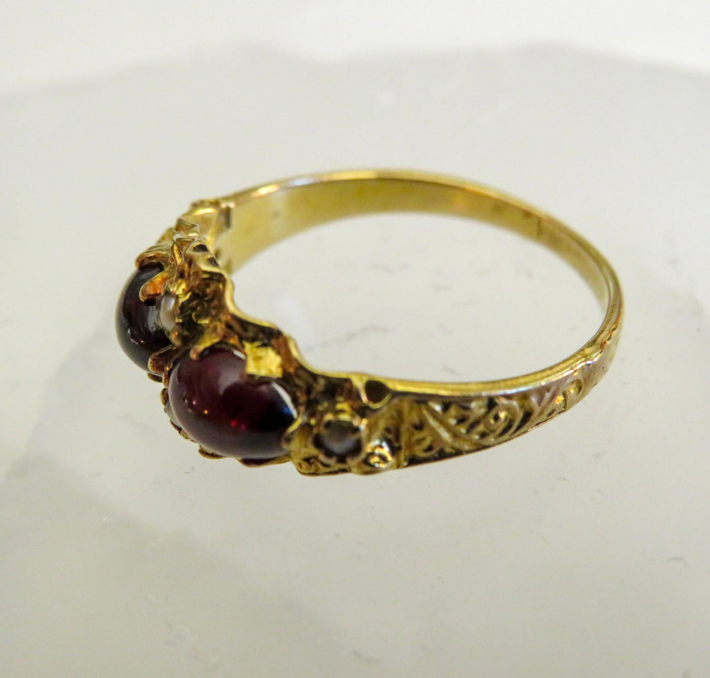 Victorian 9K Gold Garnet & Seed Pearl Ring