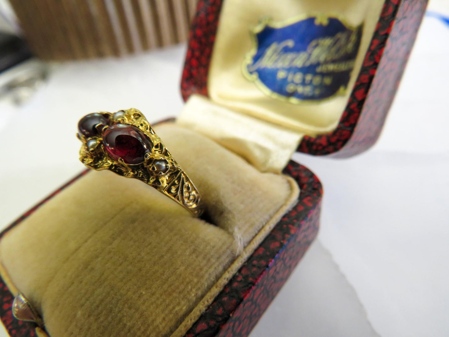 Victorian 9K Gold Garnet & Seed Pearl Ring