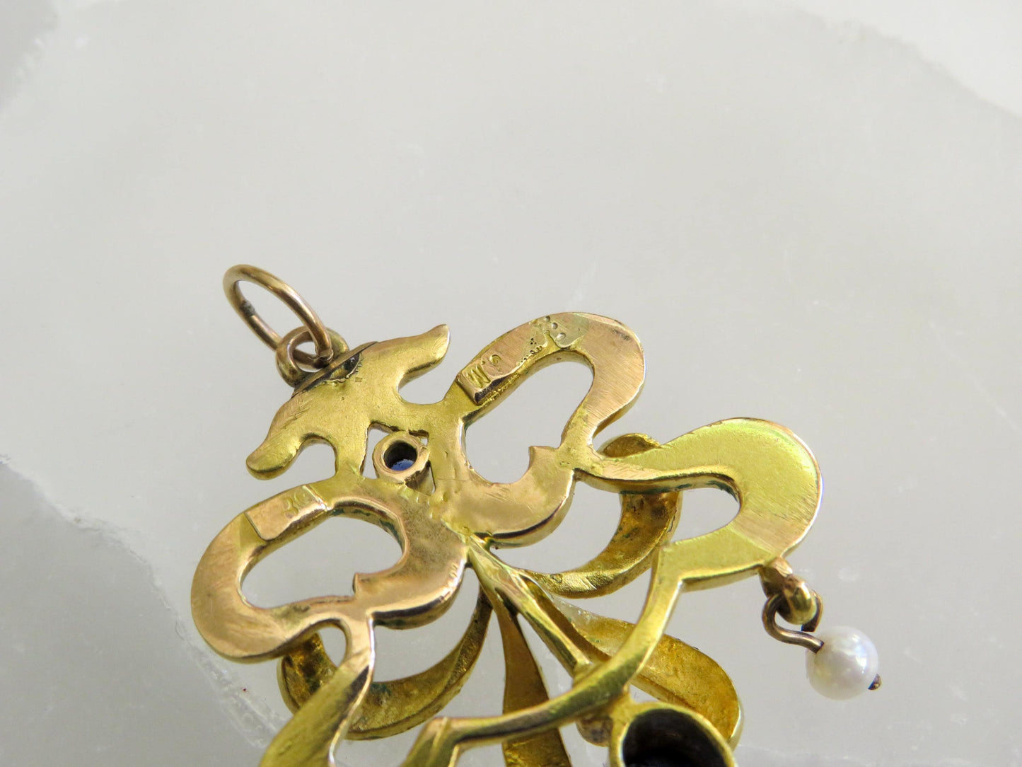 Edwardian 18K Gold Pendant with Sapphire & Pearl Drops
