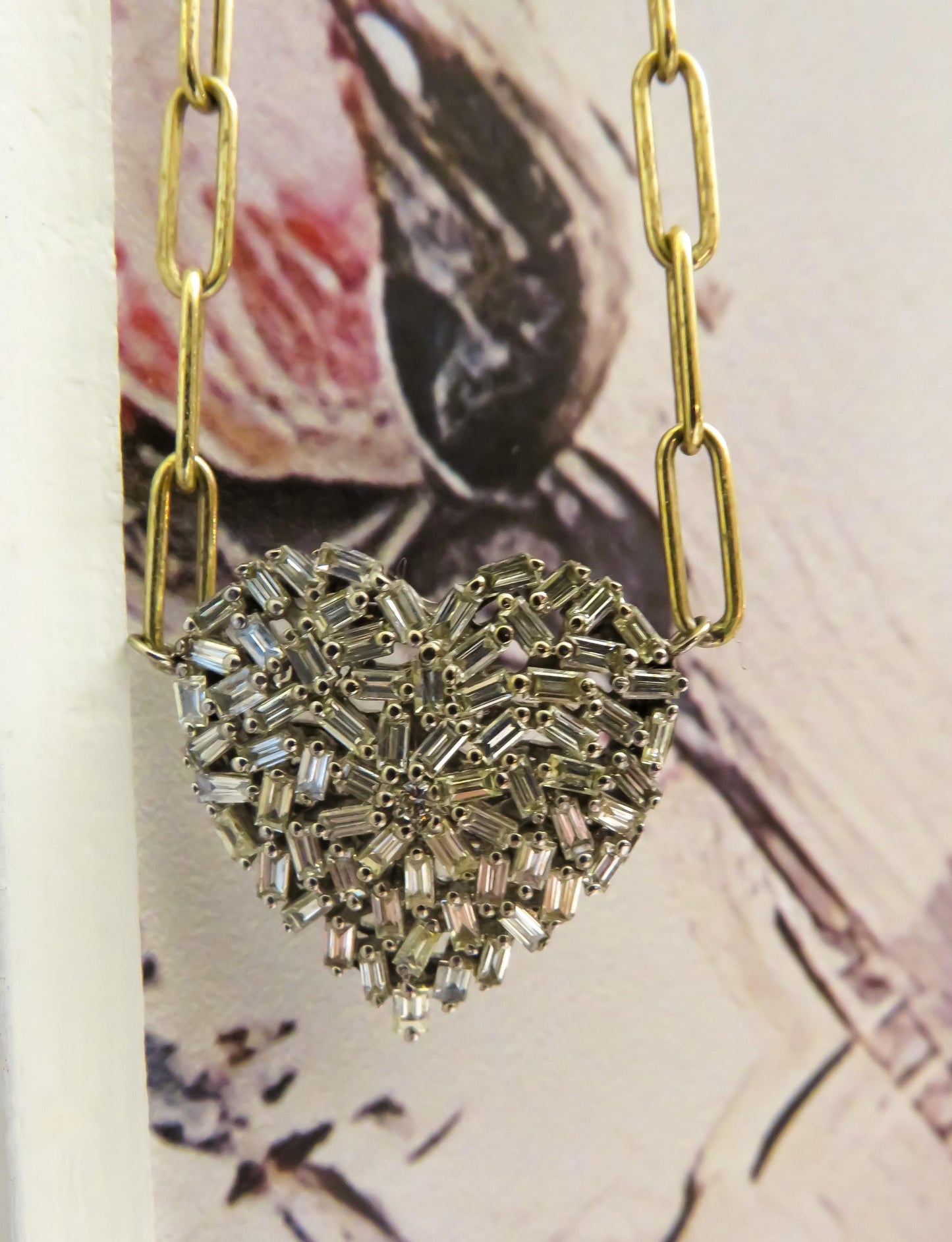 Natural Baguette Diamond Heart Necklace  14K White & Yellow Gold