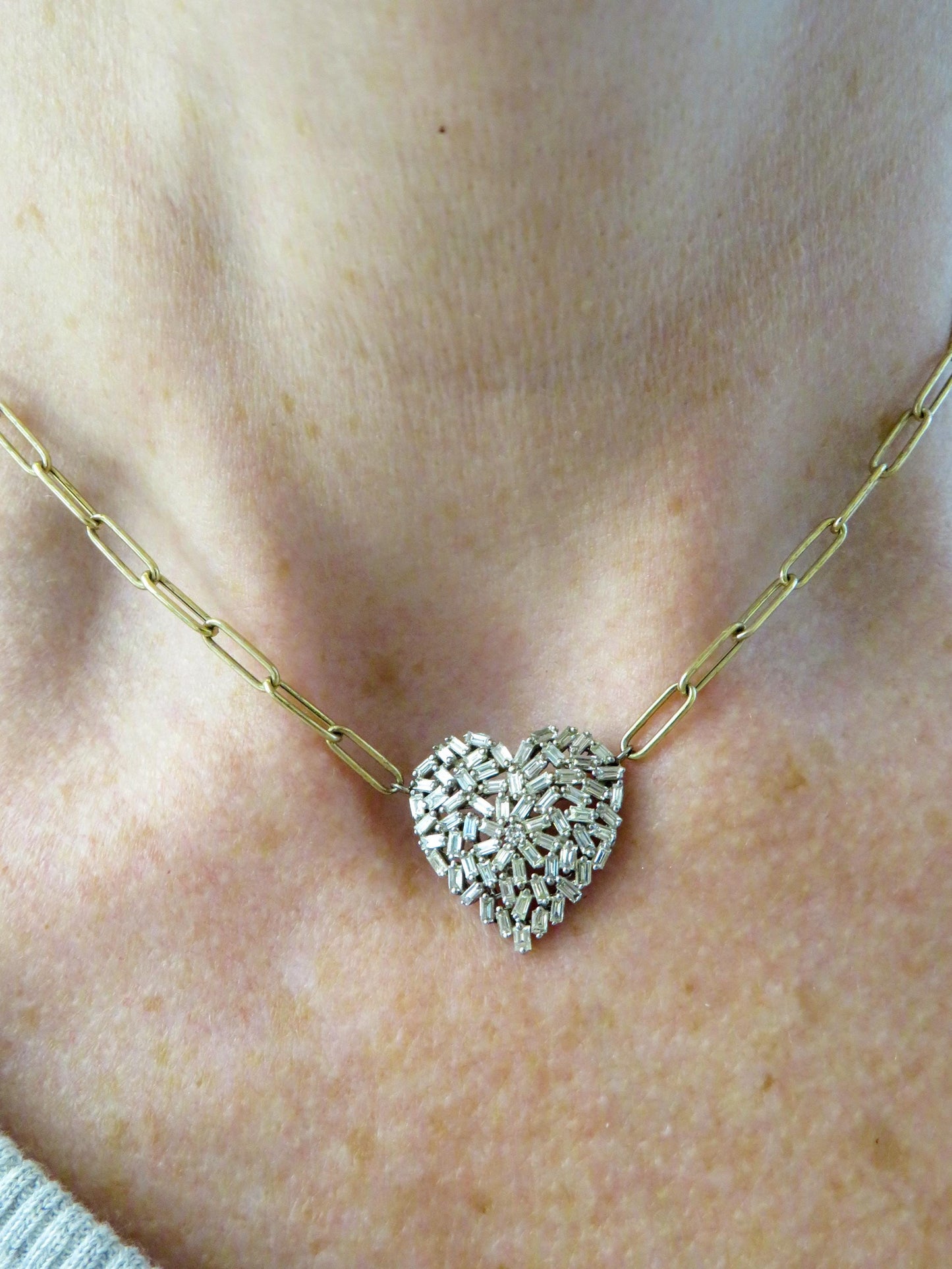 Natural Baguette Diamond Heart Necklace  14K White & Yellow Gold
