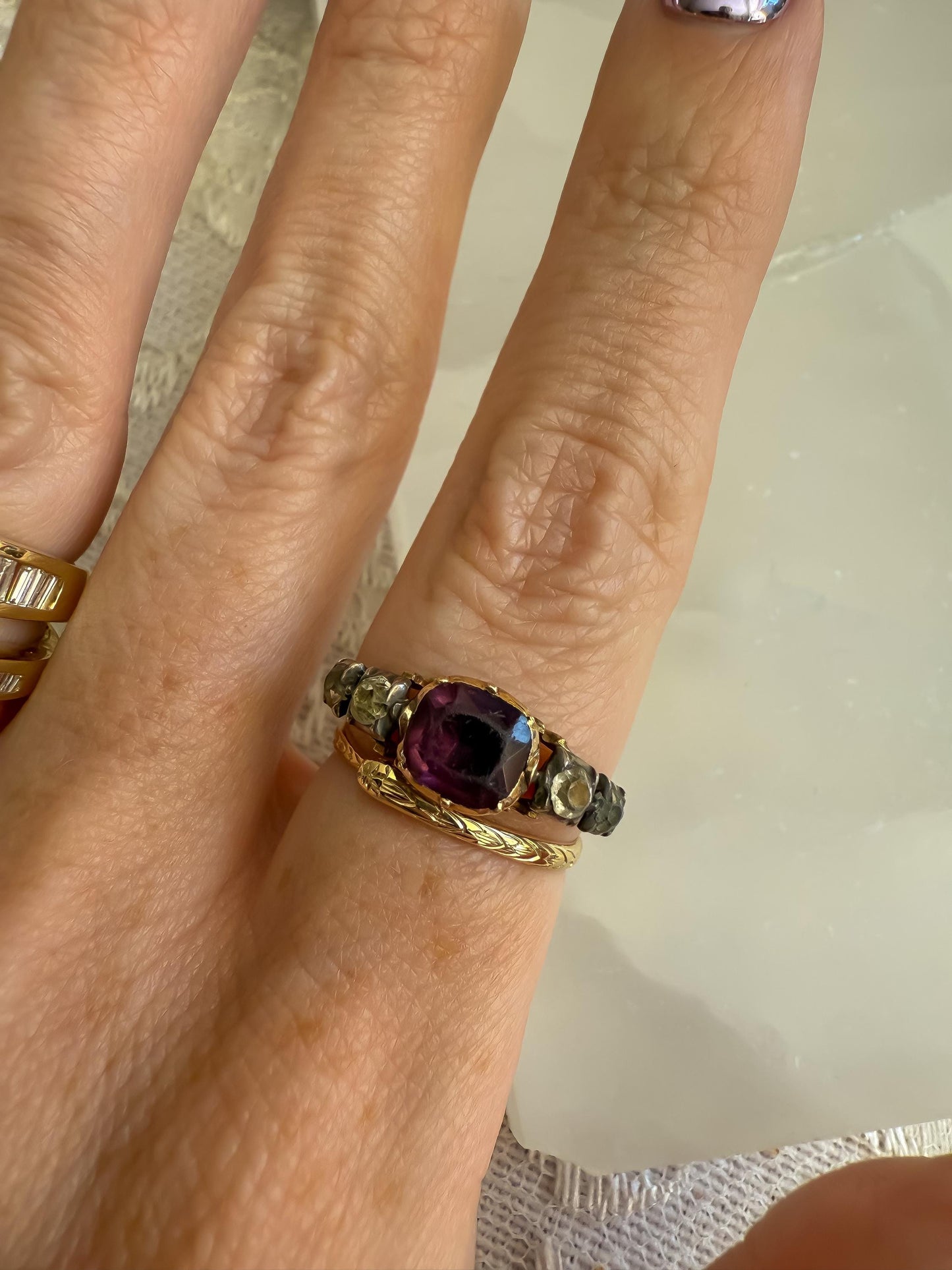 Antique Rococo Paste Ring  Silver Topped 14K  Size 9.25