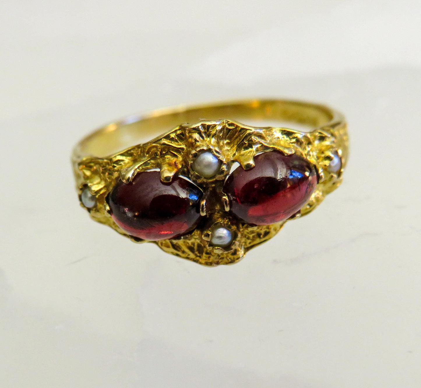 Victorian 9K Gold Garnet & Seed Pearl Ring