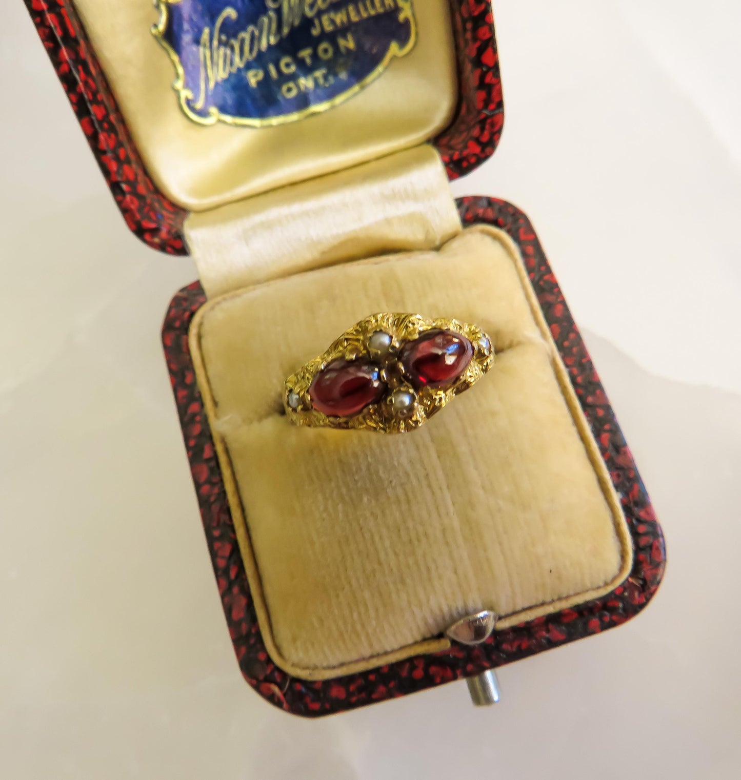 Victorian 9K Gold Garnet & Seed Pearl Ring