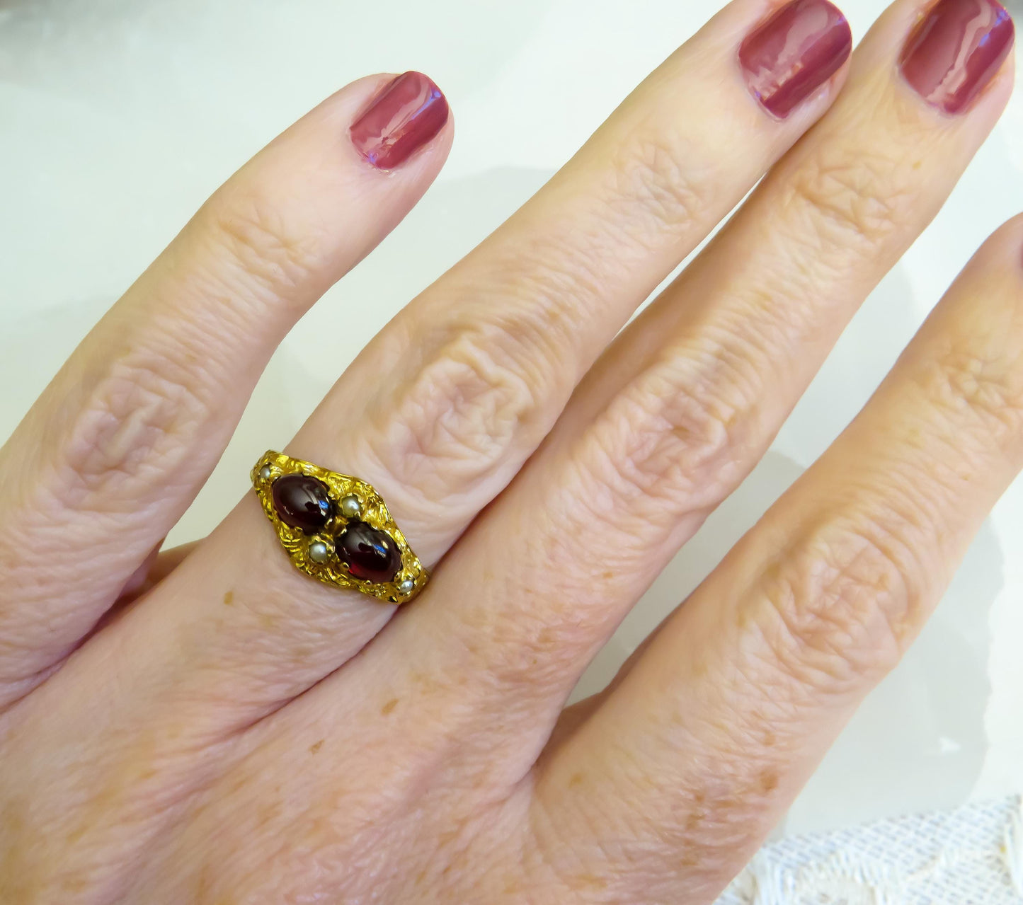 Victorian 9K Gold Garnet & Seed Pearl Ring