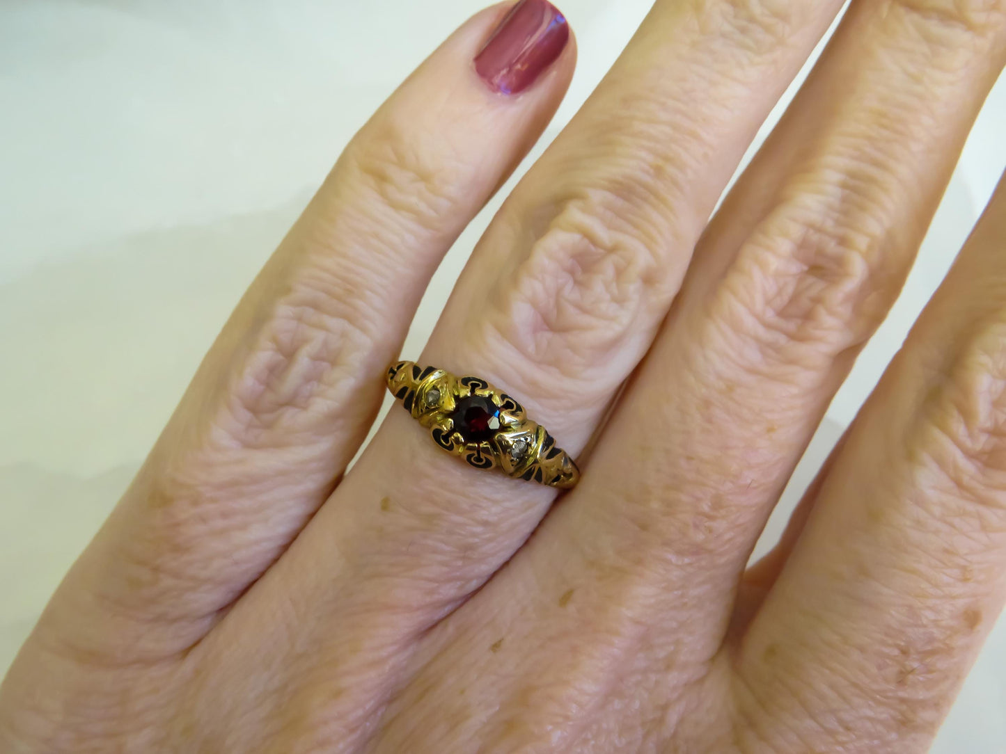 Victorian 18K Gold Garnet, Diamond & Enamel Ring