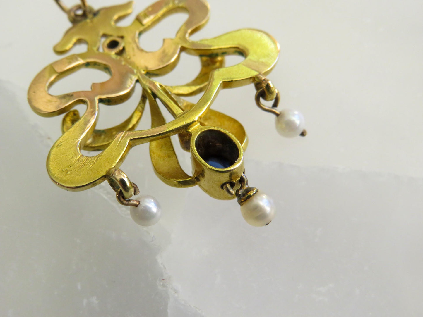Edwardian 18K Gold Pendant with Sapphire & Pearl Drops