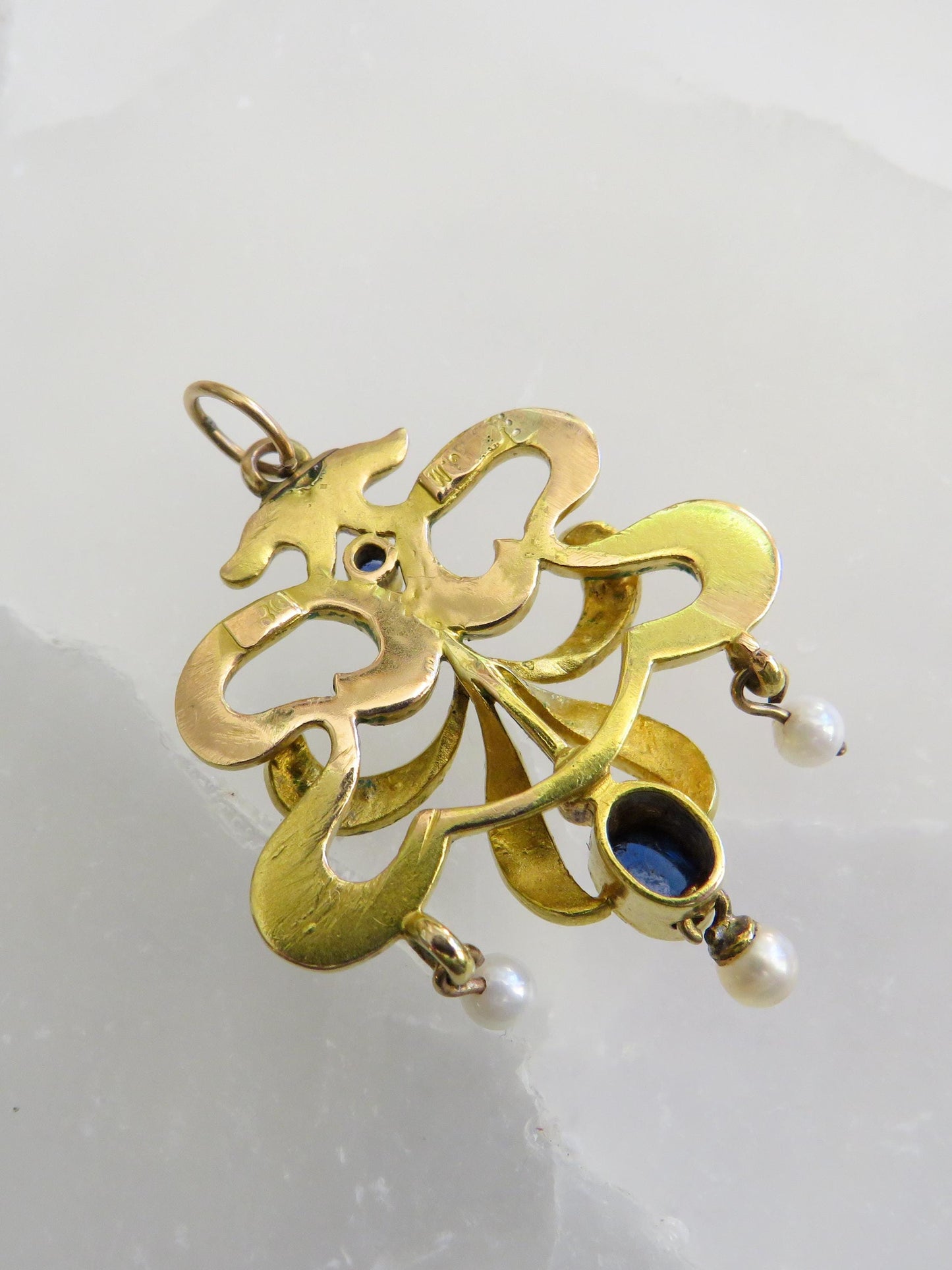 Edwardian 18K Gold Pendant with Sapphire & Pearl Drops