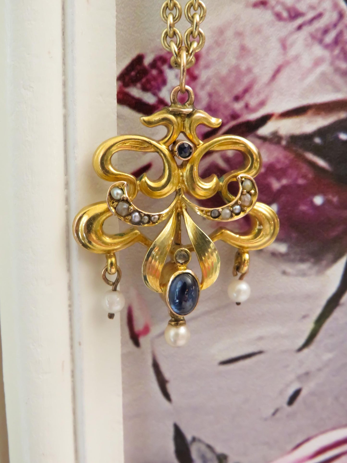 Edwardian 18K Gold Pendant with Sapphire & Pearl Drops