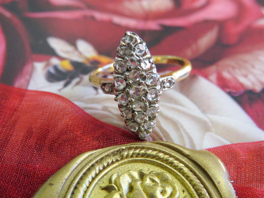 Antique Rose Cut Diamond Navette Ring | 18K Gold & Platinum | c. Early 1900s