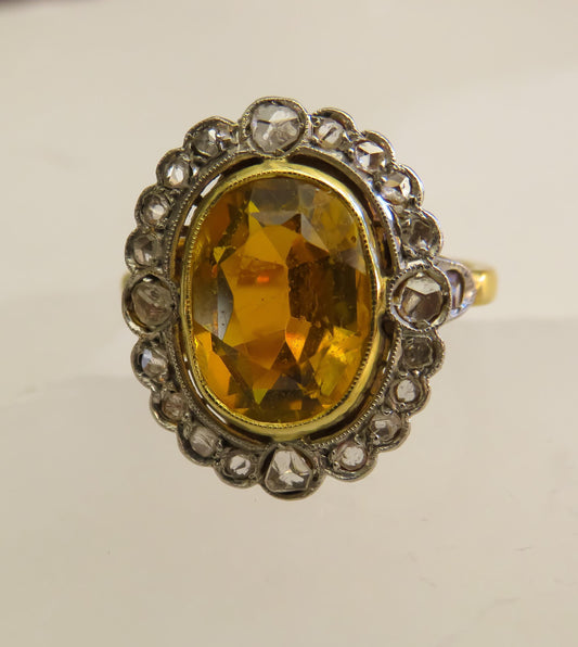 Antique Citrine and Rose Cut Diamond Ring | 18K Gold & Silver | French Hallmarked