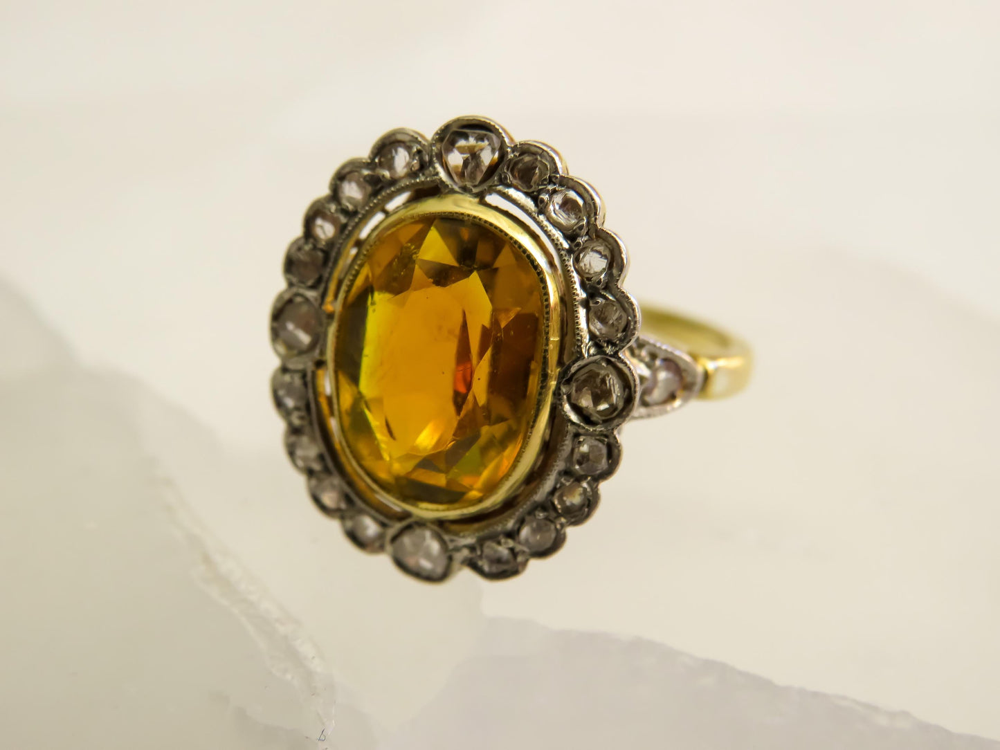 Antique Citrine and Rose Cut Diamond Ring | 18K Gold & Silver | French Hallmarked