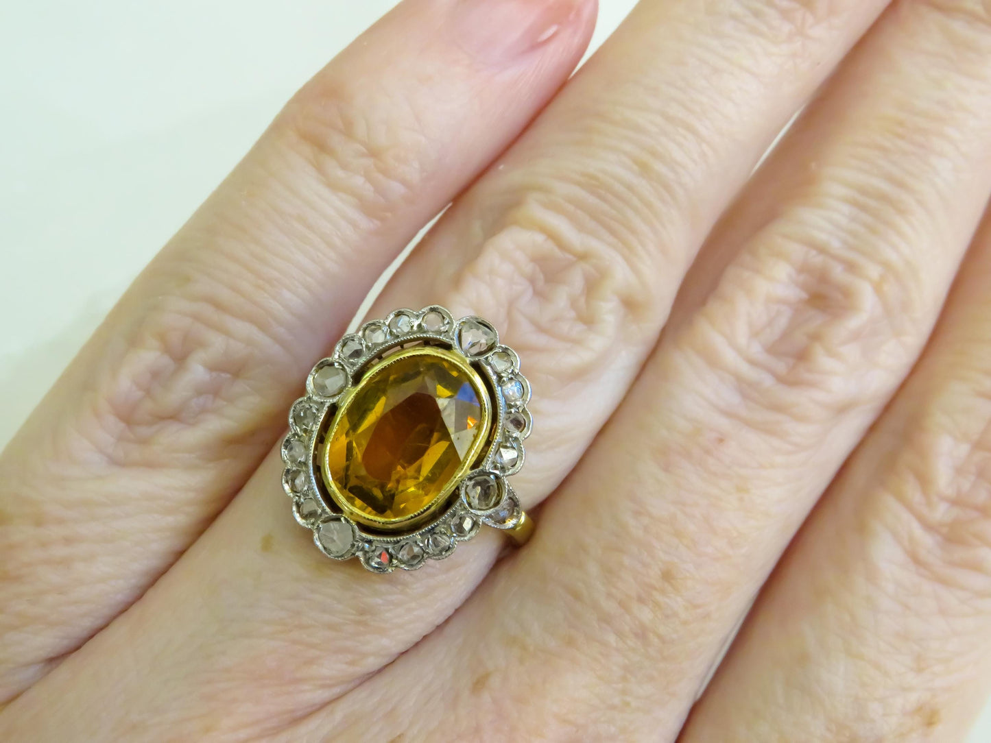 Antique Citrine and Rose Cut Diamond Ring | 18K Gold & Silver | French Hallmarked