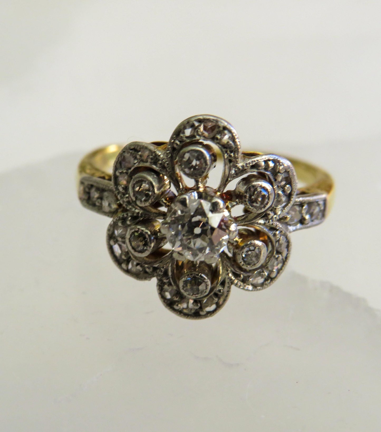 Edwardian Diamond Flower Ring | Platinum Topped 14K | Old European, Single & Rose Cut Diamonds | Size 4.5