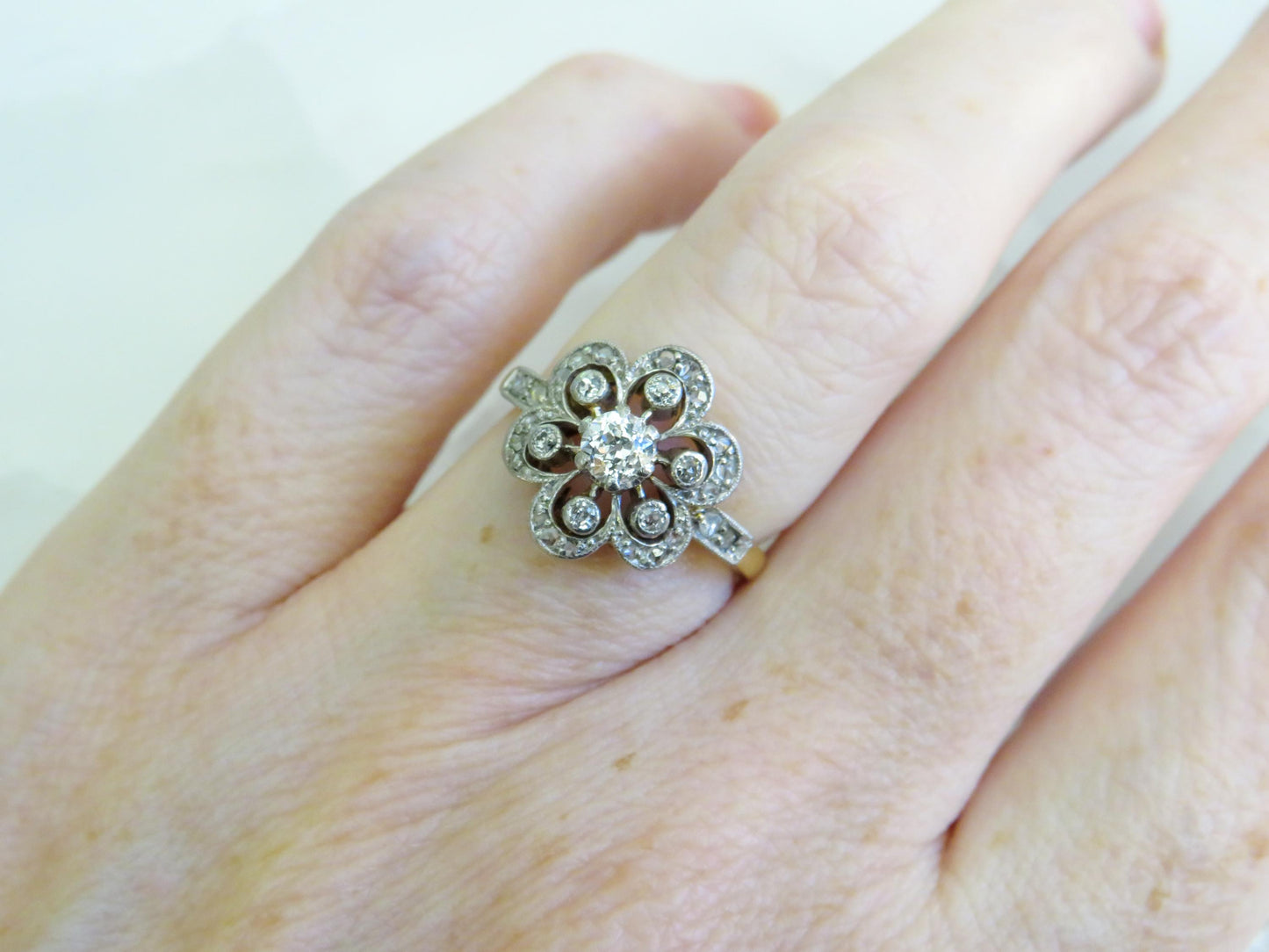 Edwardian Diamond Flower Ring | Platinum Topped 14K | Old European, Single & Rose Cut Diamonds | Size 4.5