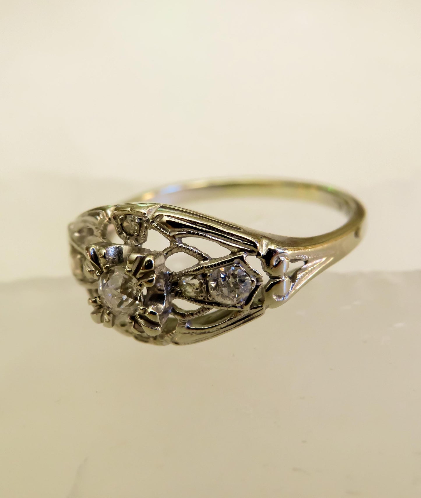 Art Deco Diamond Ring | 14K White Gold | Old Mine & Single Cut Diamonds | Size 6