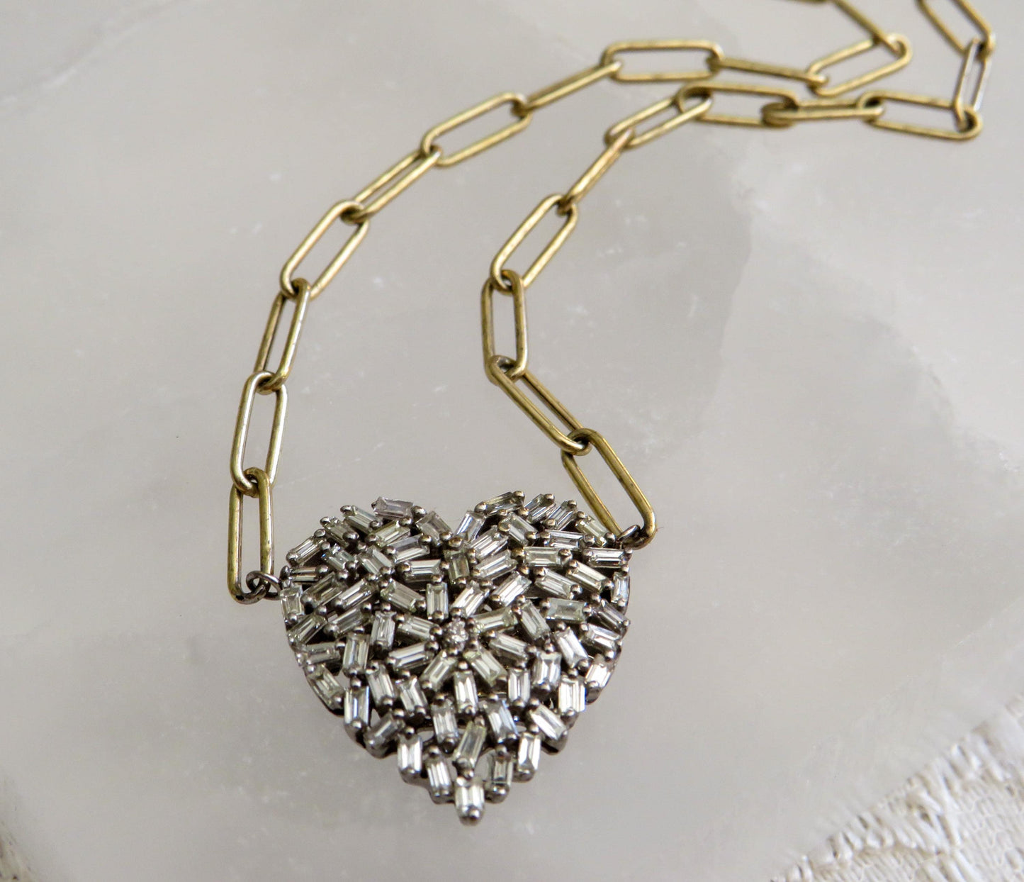 Natural Baguette Diamond Heart Necklace  14K White & Yellow Gold
