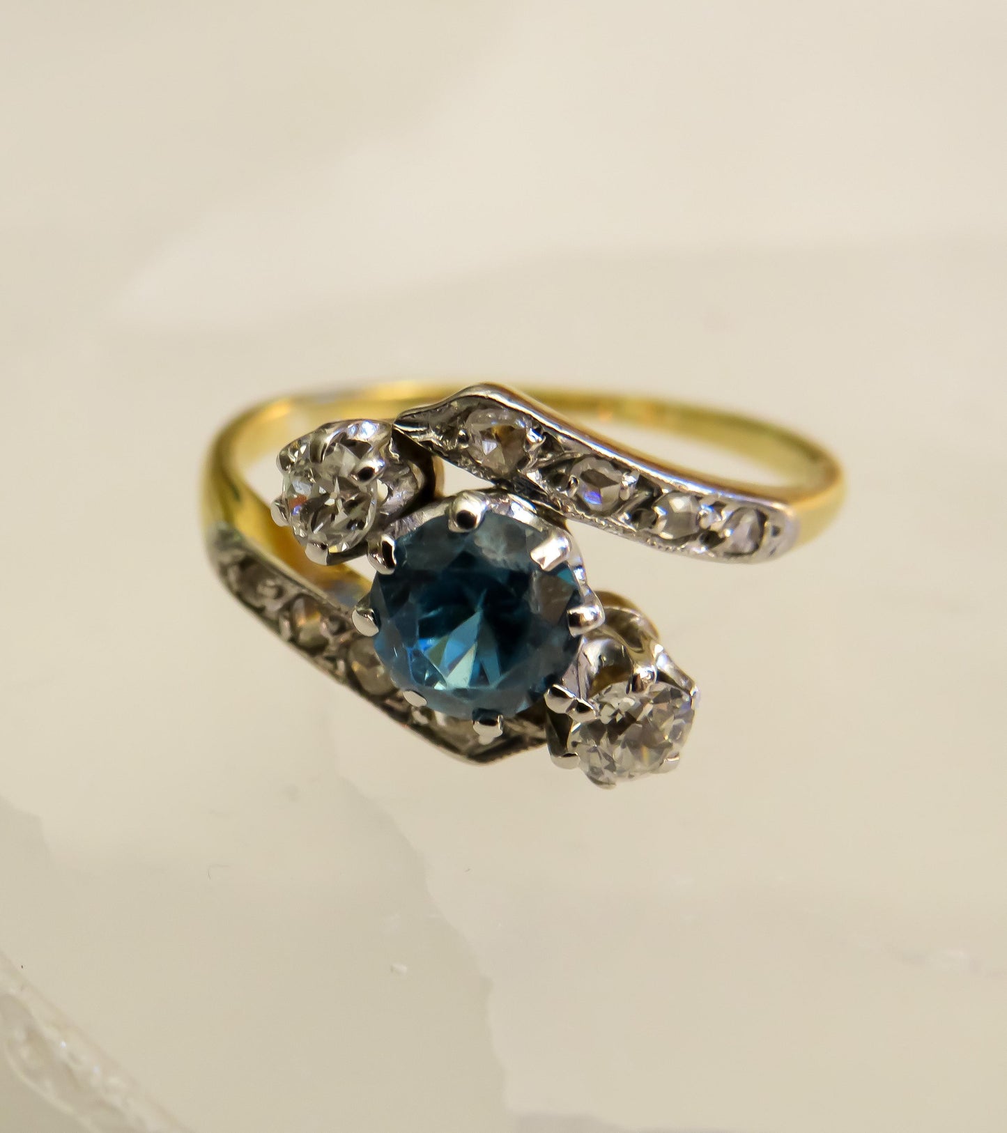 Antique Blue Zircon and Diamond Ring | Platinum Topped 18K Gold | Old Mine & Rose Cut Diamonds | Size 5.75