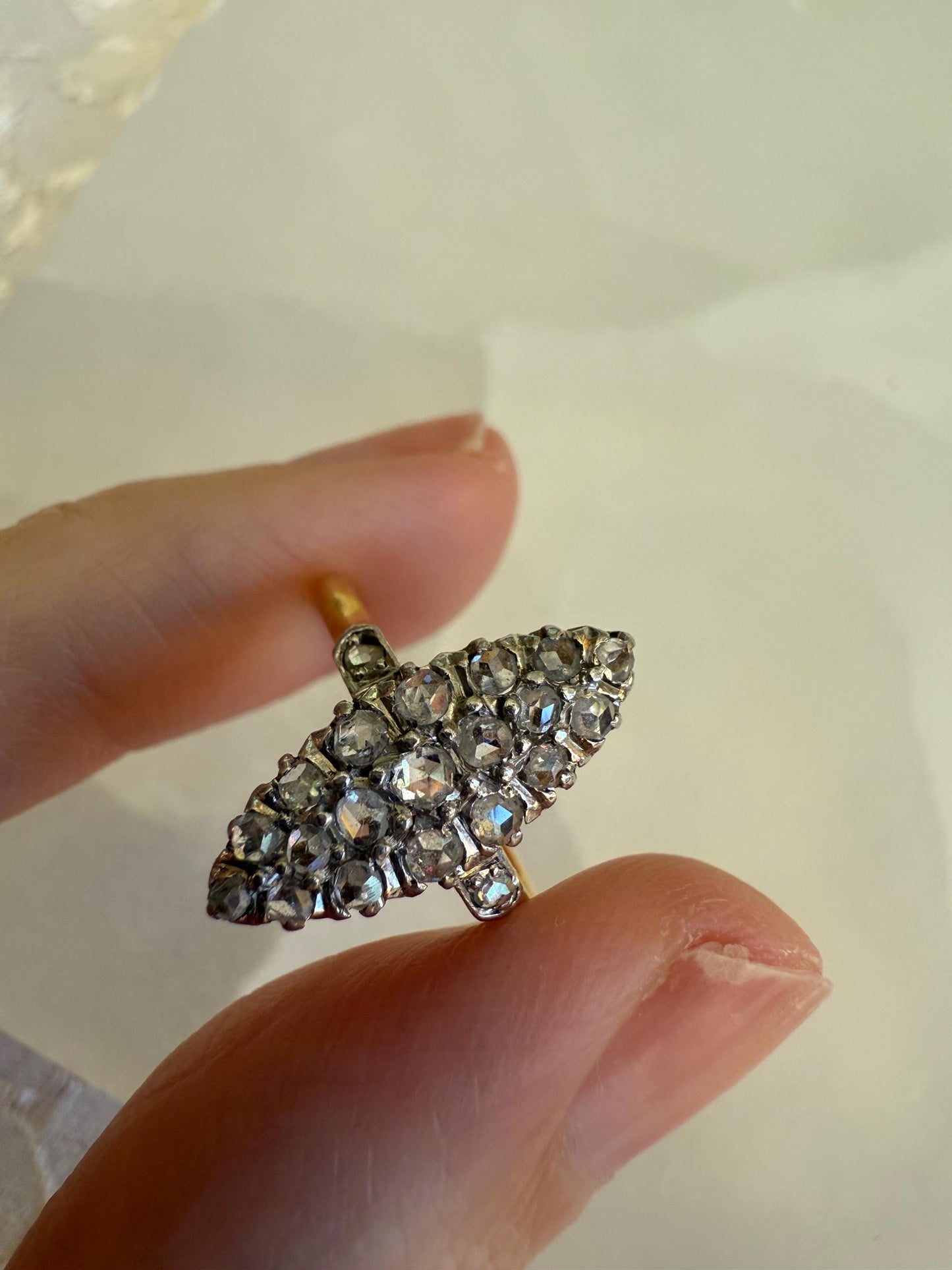 Antique Rose Cut Diamond Navette Ring | 18K Gold & Platinum | c. Early 1900s