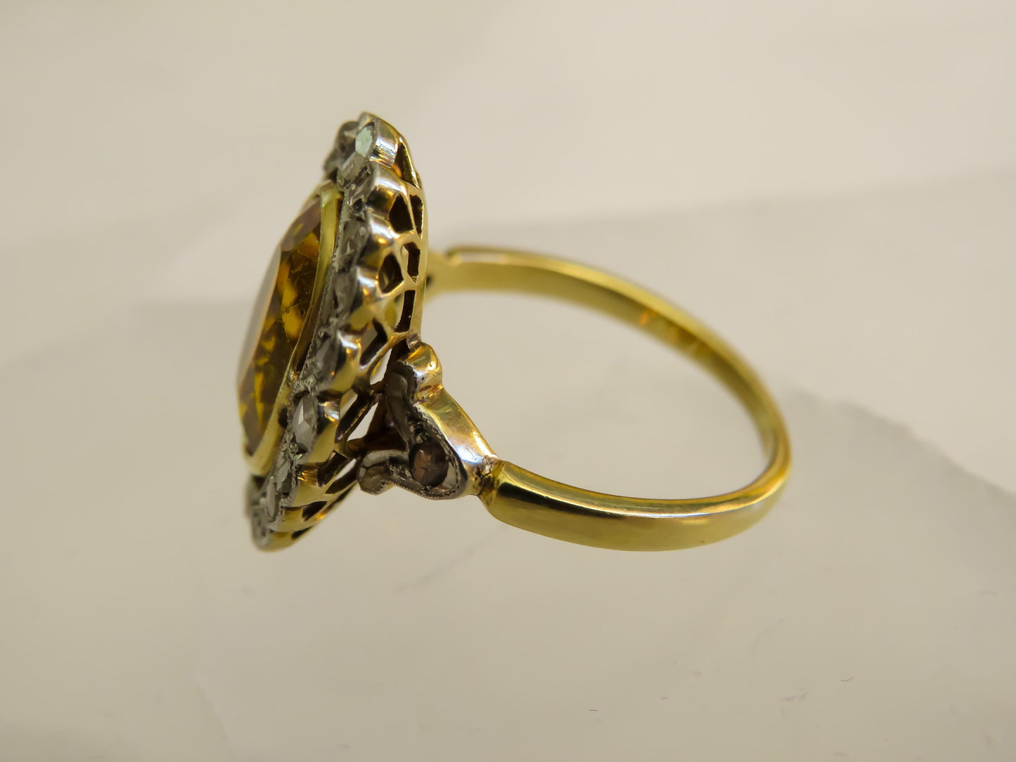 Antique Citrine and Rose Cut Diamond Ring | 18K Gold & Silver | French Hallmarked