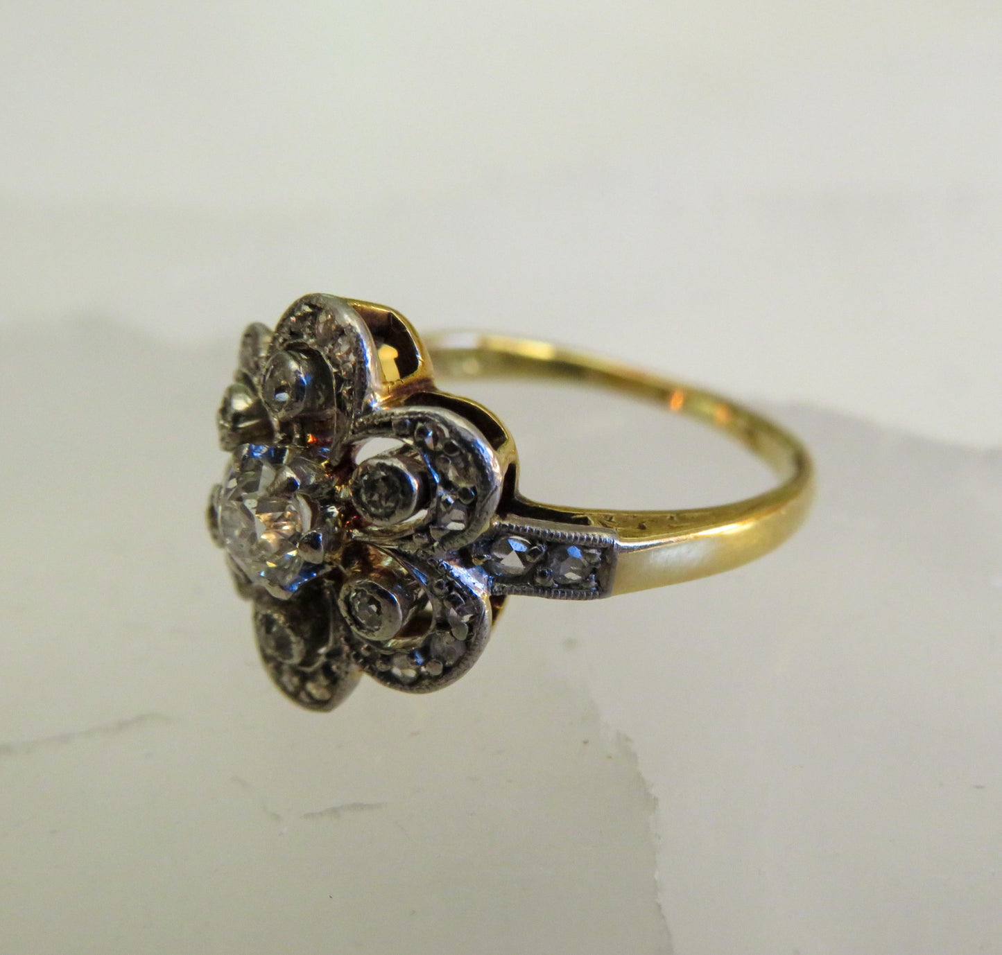 Edwardian Diamond Flower Ring | Platinum Topped 14K | Old European, Single & Rose Cut Diamonds | Size 4.5