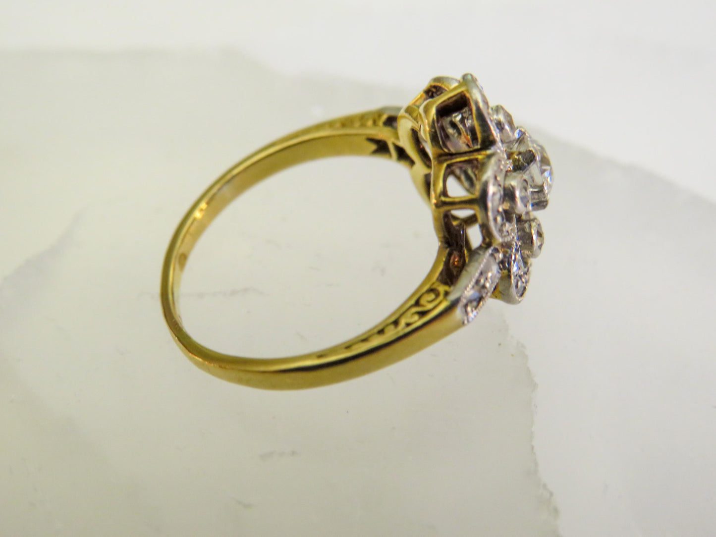 Edwardian Diamond Flower Ring | Platinum Topped 14K | Old European, Single & Rose Cut Diamonds | Size 4.5