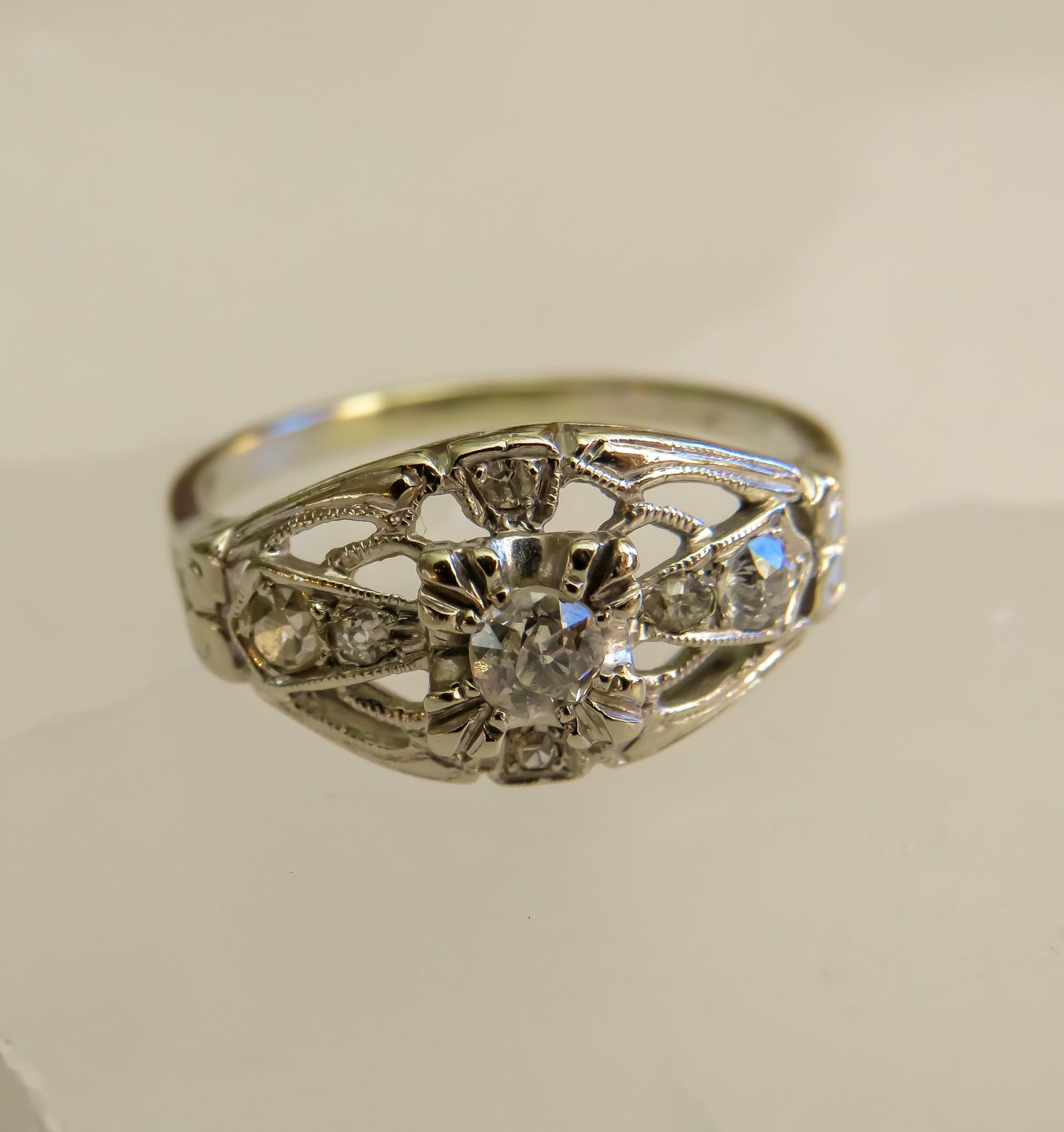 Art Deco Diamond Ring | 14K White Gold | Old Mine & Single Cut Diamonds | Size 6