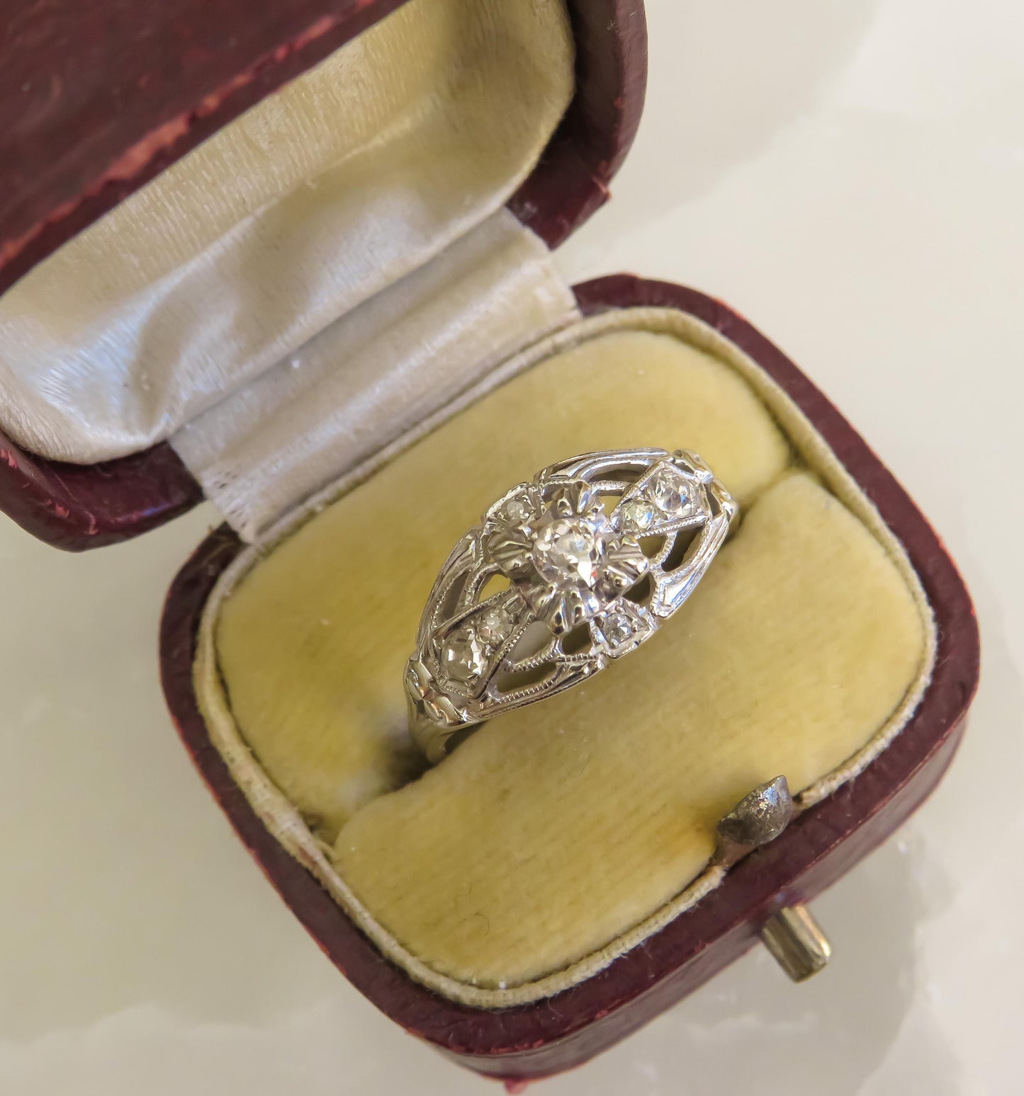 Art Deco Diamond Ring | 14K White Gold | Old Mine & Single Cut Diamonds | Size 6