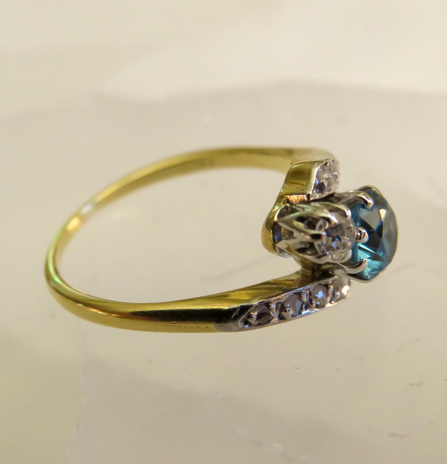 Antique Blue Zircon and Diamond Ring | Platinum Topped 18K Gold | Old Mine & Rose Cut Diamonds | Size 5.75