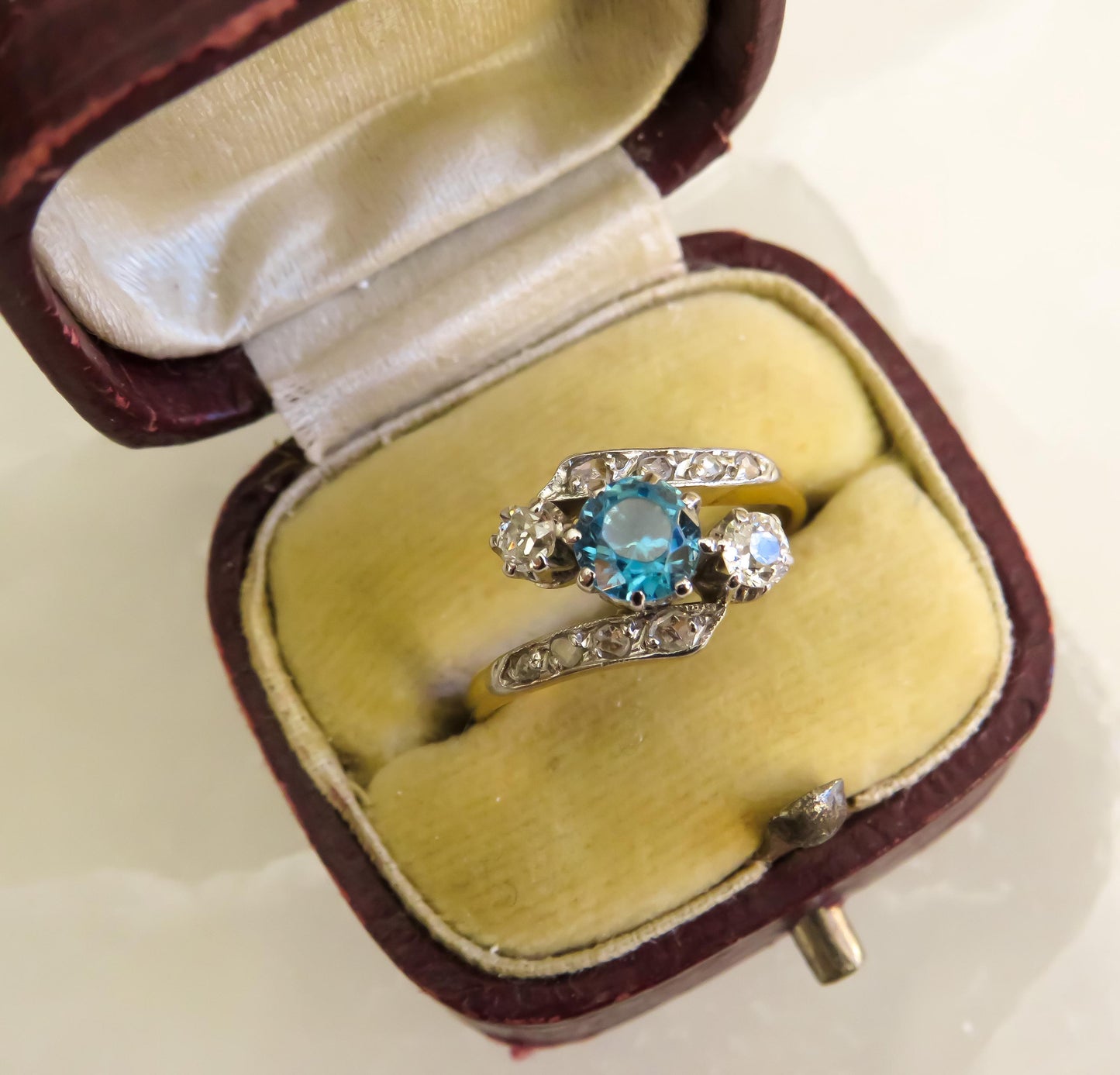 Antique Blue Zircon and Diamond Ring | Platinum Topped 18K Gold | Old Mine & Rose Cut Diamonds | Size 5.75