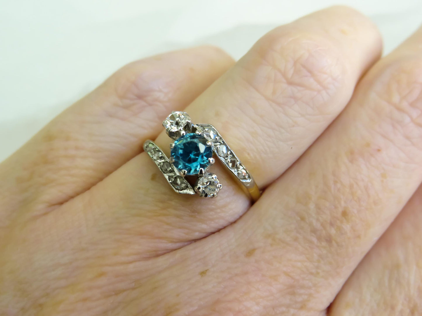 Antique Blue Zircon and Diamond Ring | Platinum Topped 18K Gold | Old Mine & Rose Cut Diamonds | Size 5.75