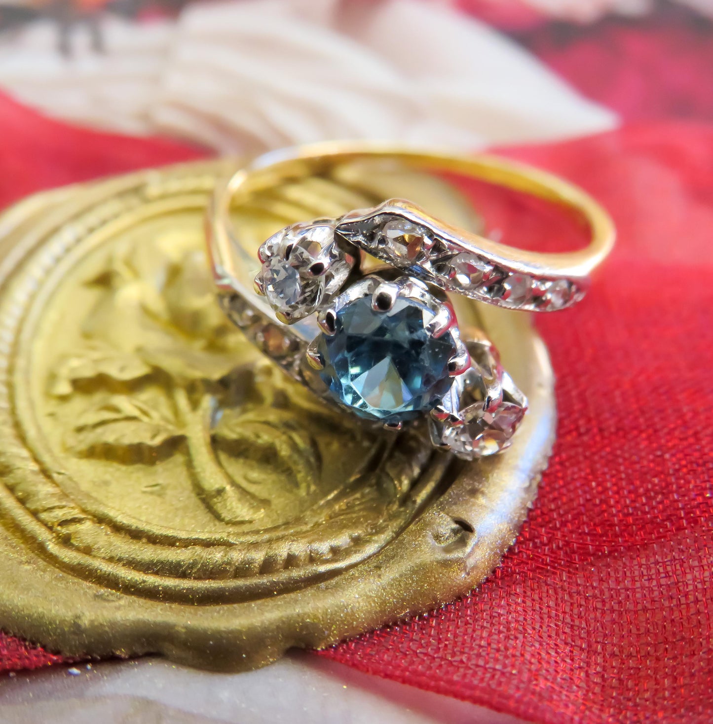 Antique Blue Zircon and Diamond Ring | Platinum Topped 18K Gold | Old Mine & Rose Cut Diamonds | Size 5.75