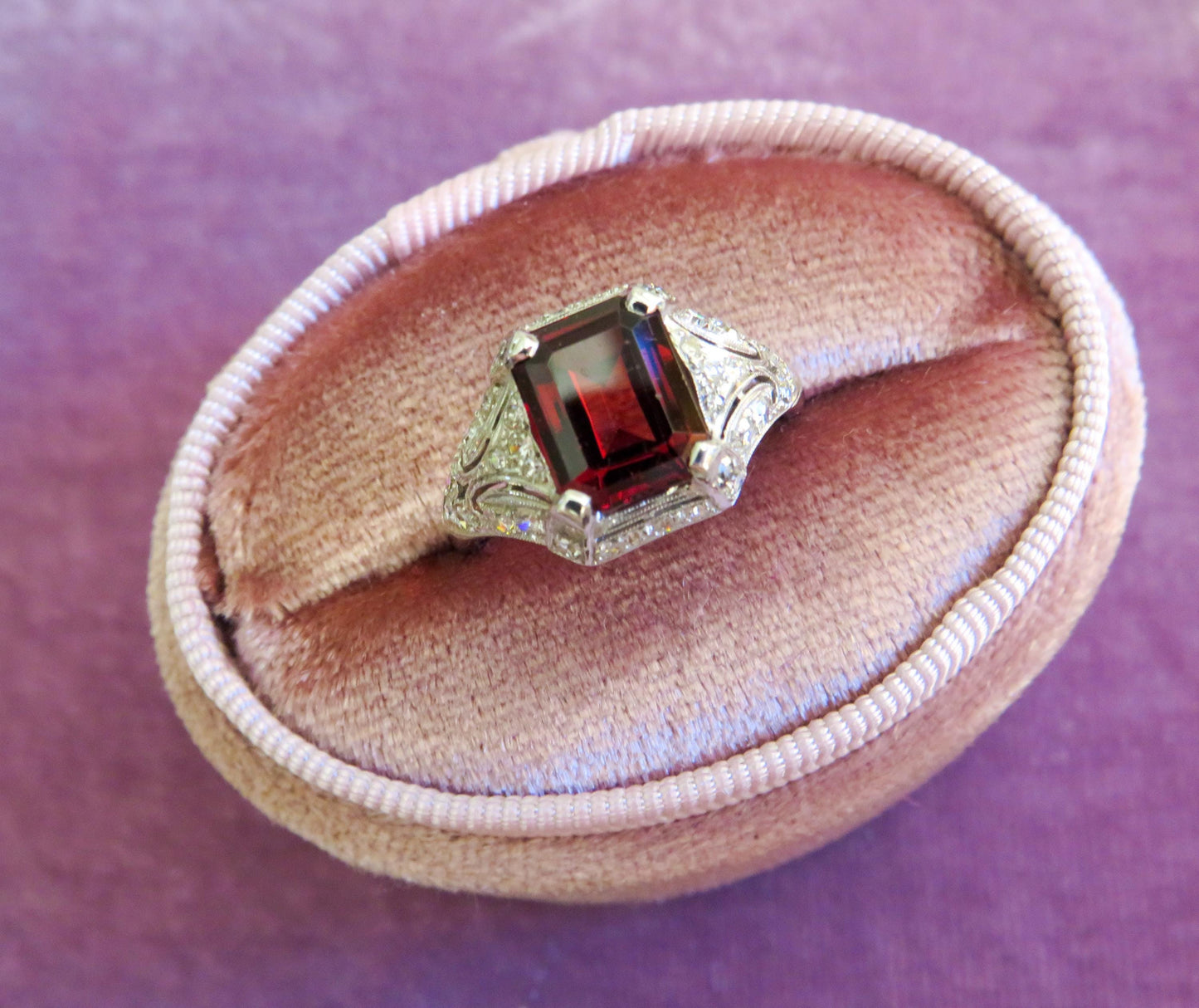 Art Deco Platinum Garnet & Diamond Ring
