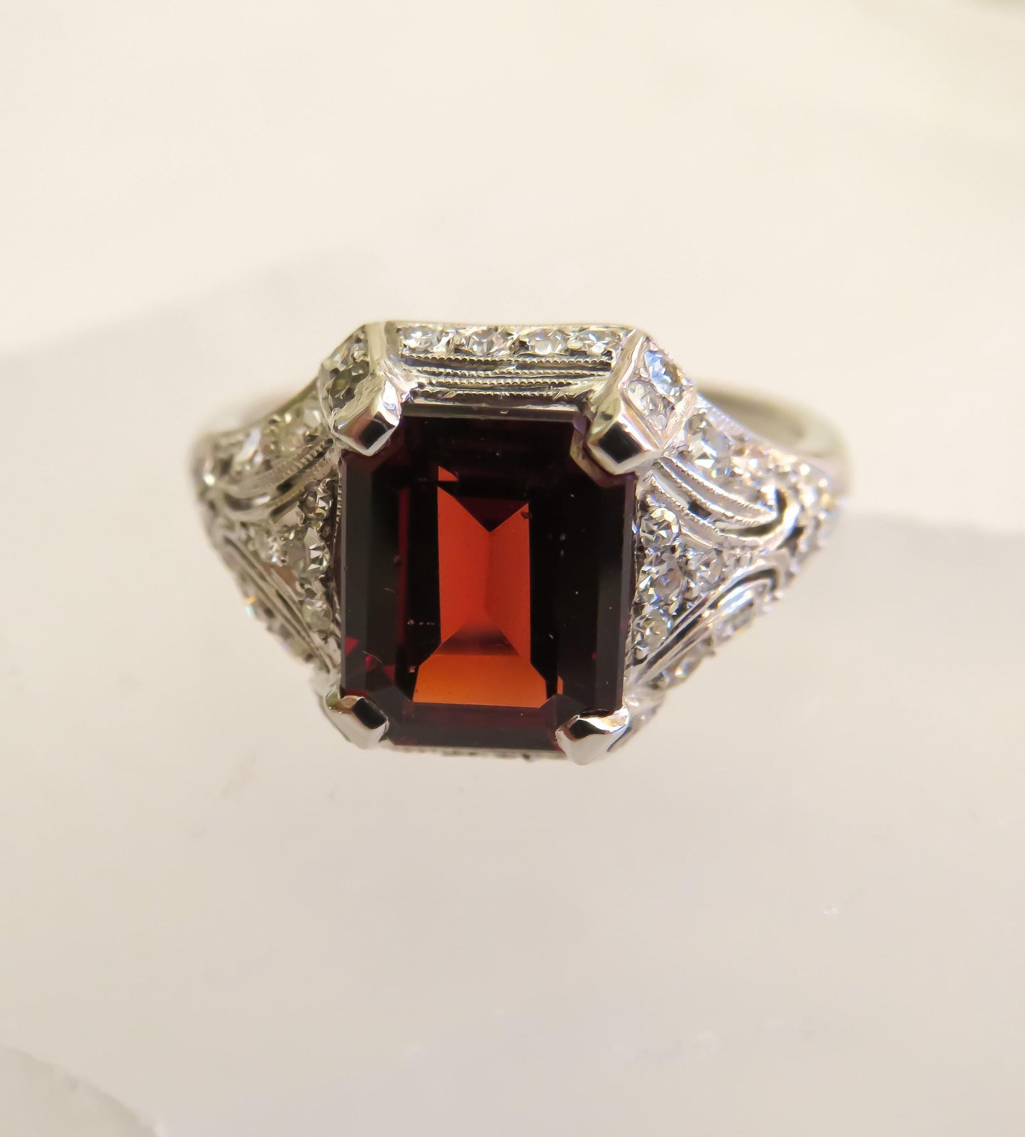 Art Deco Platinum Garnet & Diamond Ring