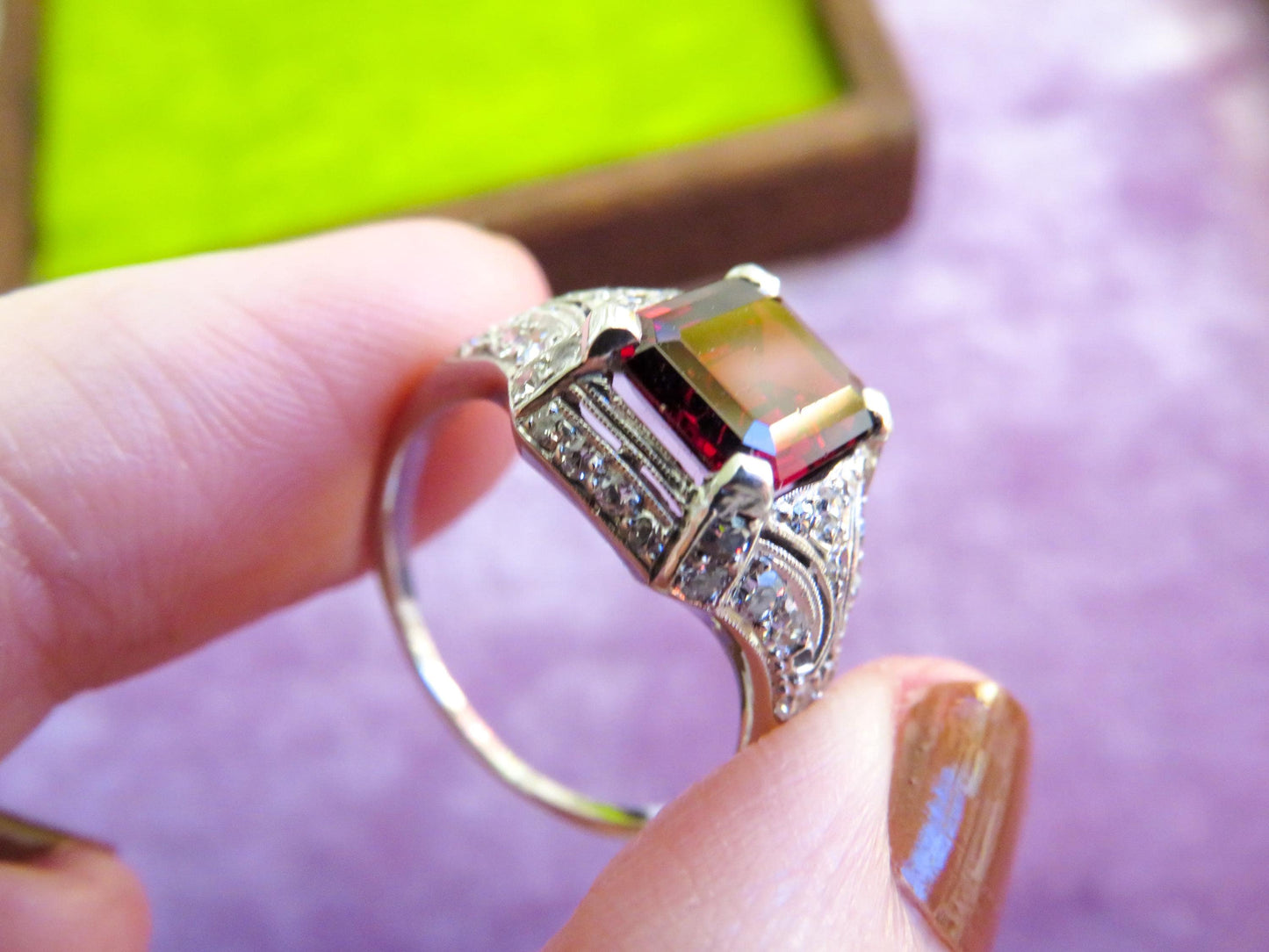 Art Deco Platinum Garnet & Diamond Ring