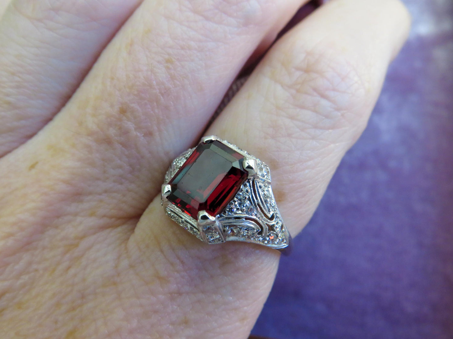 Art Deco Platinum Garnet & Diamond Ring