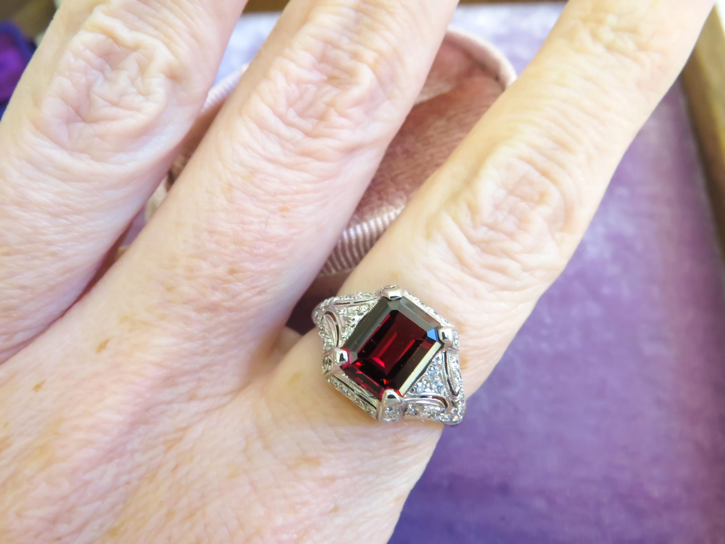 Art Deco Platinum Garnet & Diamond Ring