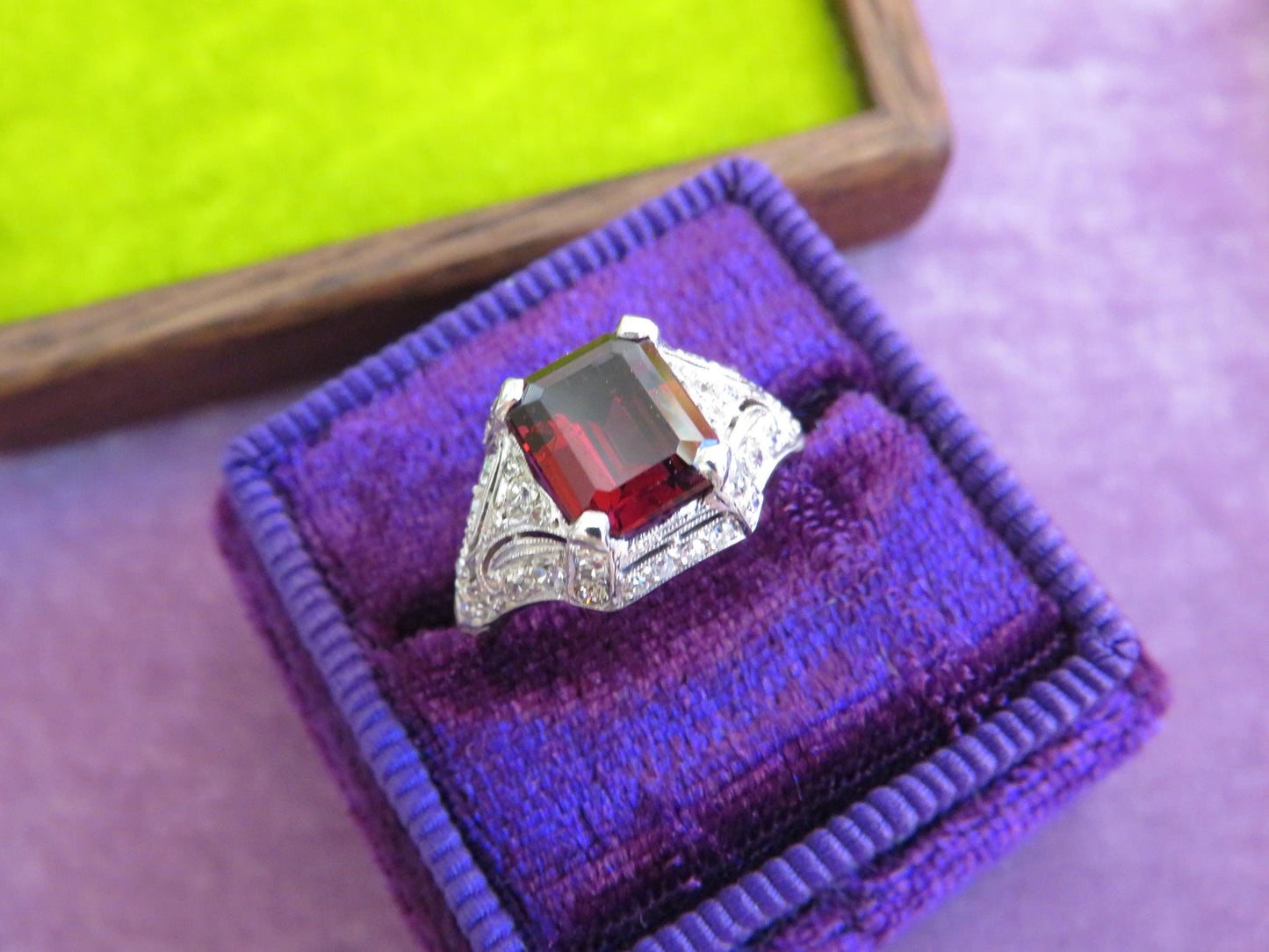 Art Deco Platinum Garnet & Diamond Ring