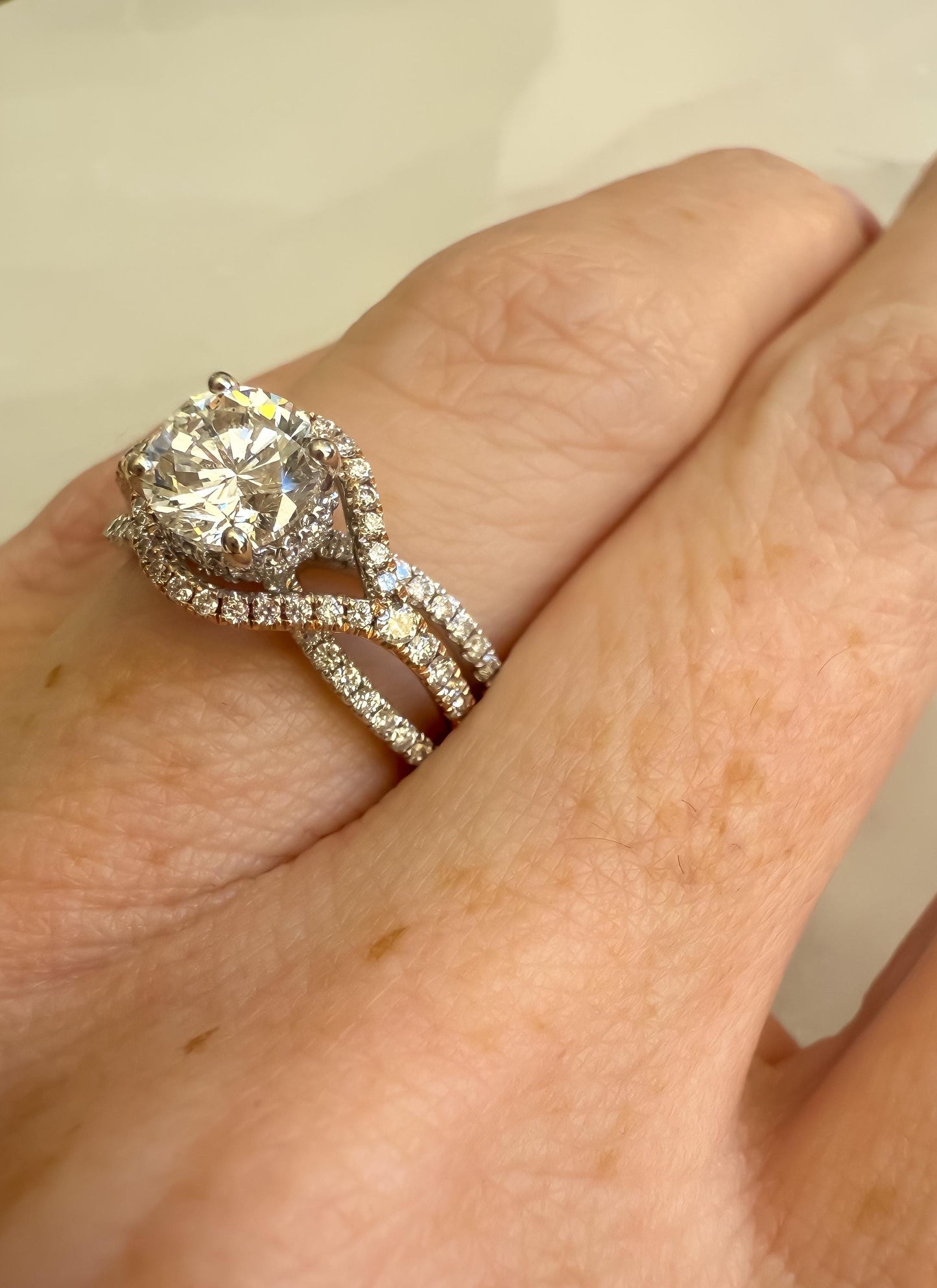 Natural Diamond Engagement Ring | .75ct Center | 14K Rose & White Gold Halo with 102 Accent Diamonds | Vintage-Inspired Sparkle