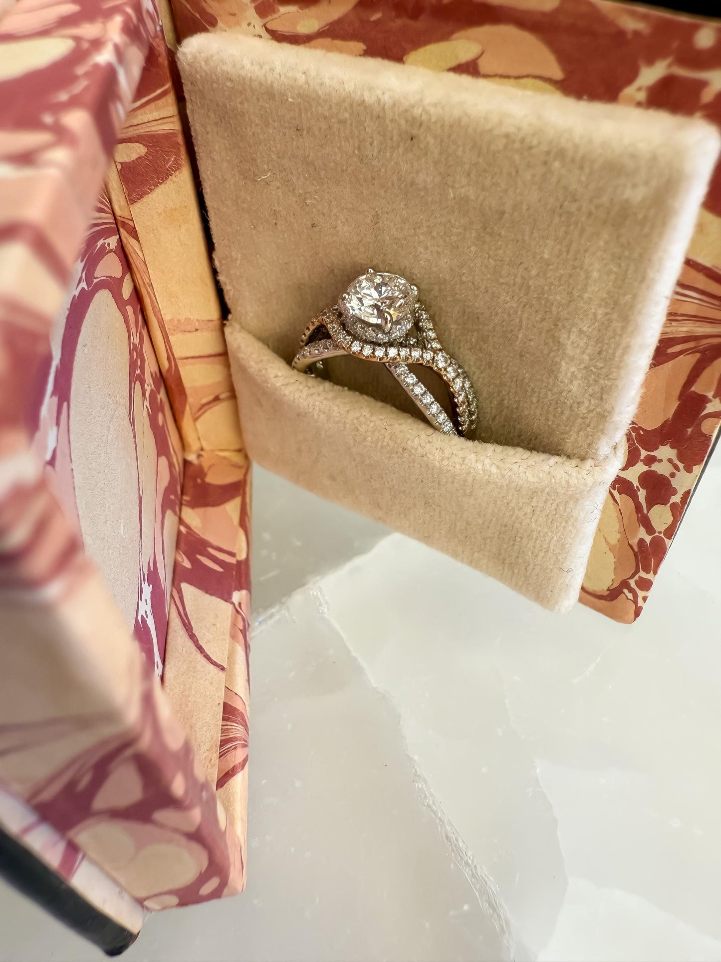 Natural Diamond Engagement Ring | .75ct Center | 14K Rose & White Gold Halo with 102 Accent Diamonds | Vintage-Inspired Sparkle