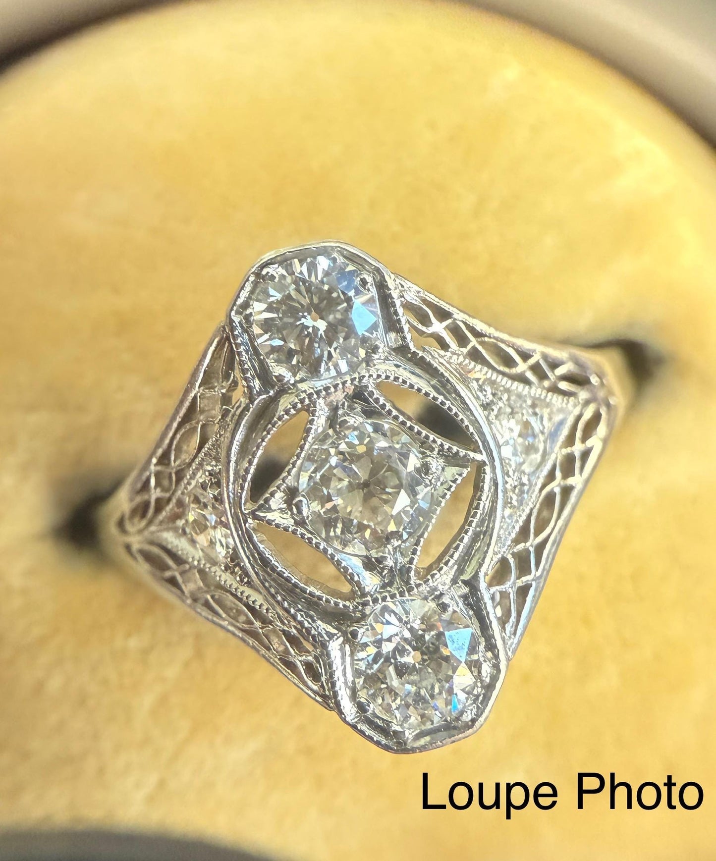 Platinum Art Deco Filigree Ring with Old European Cut Diamonds