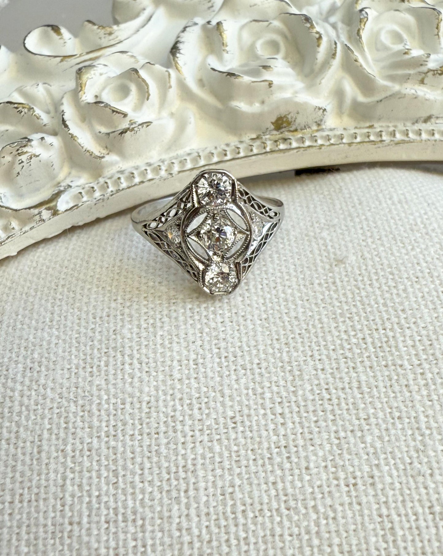 Platinum Art Deco Filigree Ring with Old European Cut Diamonds