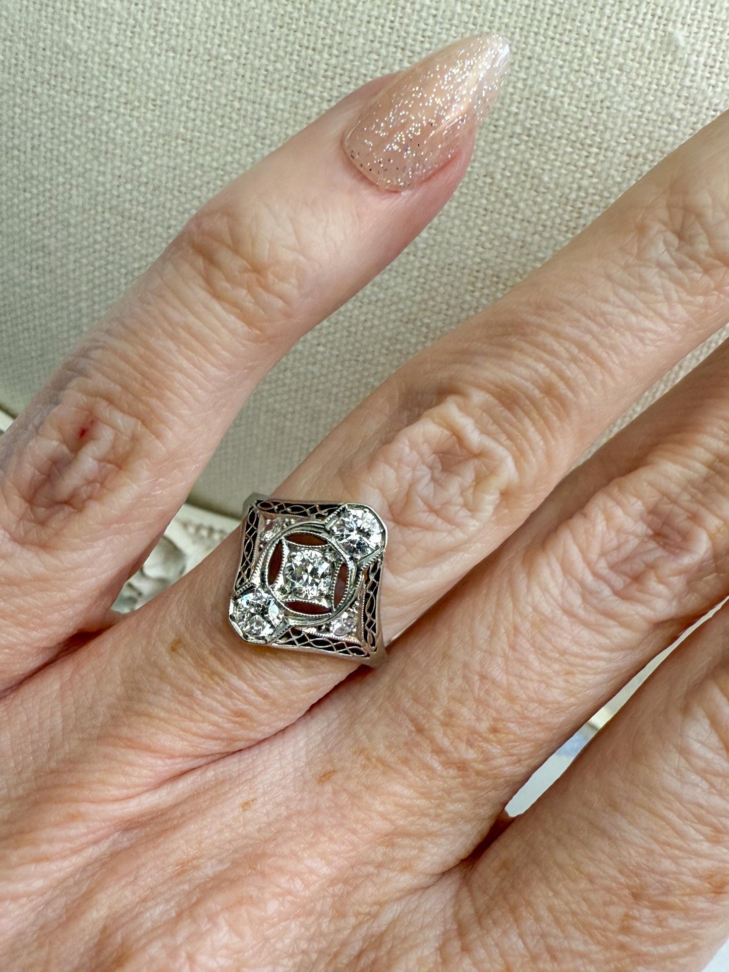 Platinum Art Deco Filigree Ring with Old European Cut Diamonds