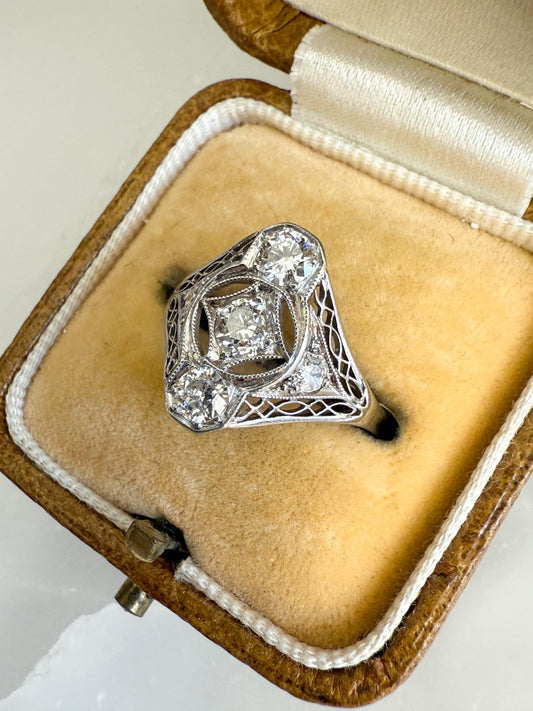 Platinum Art Deco Filigree Ring with Old European Cut Diamonds