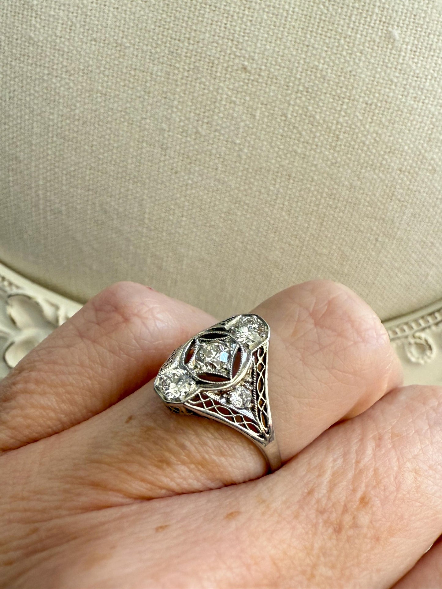 Platinum Art Deco Filigree Ring with Old European Cut Diamonds