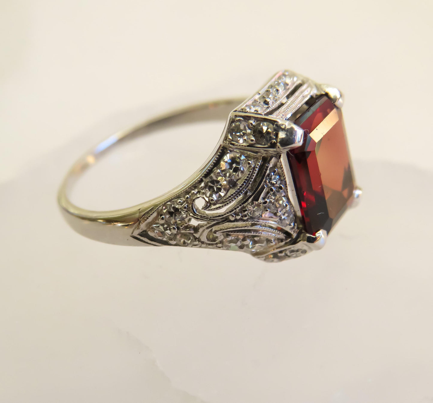 Art Deco Platinum Garnet & Diamond Ring