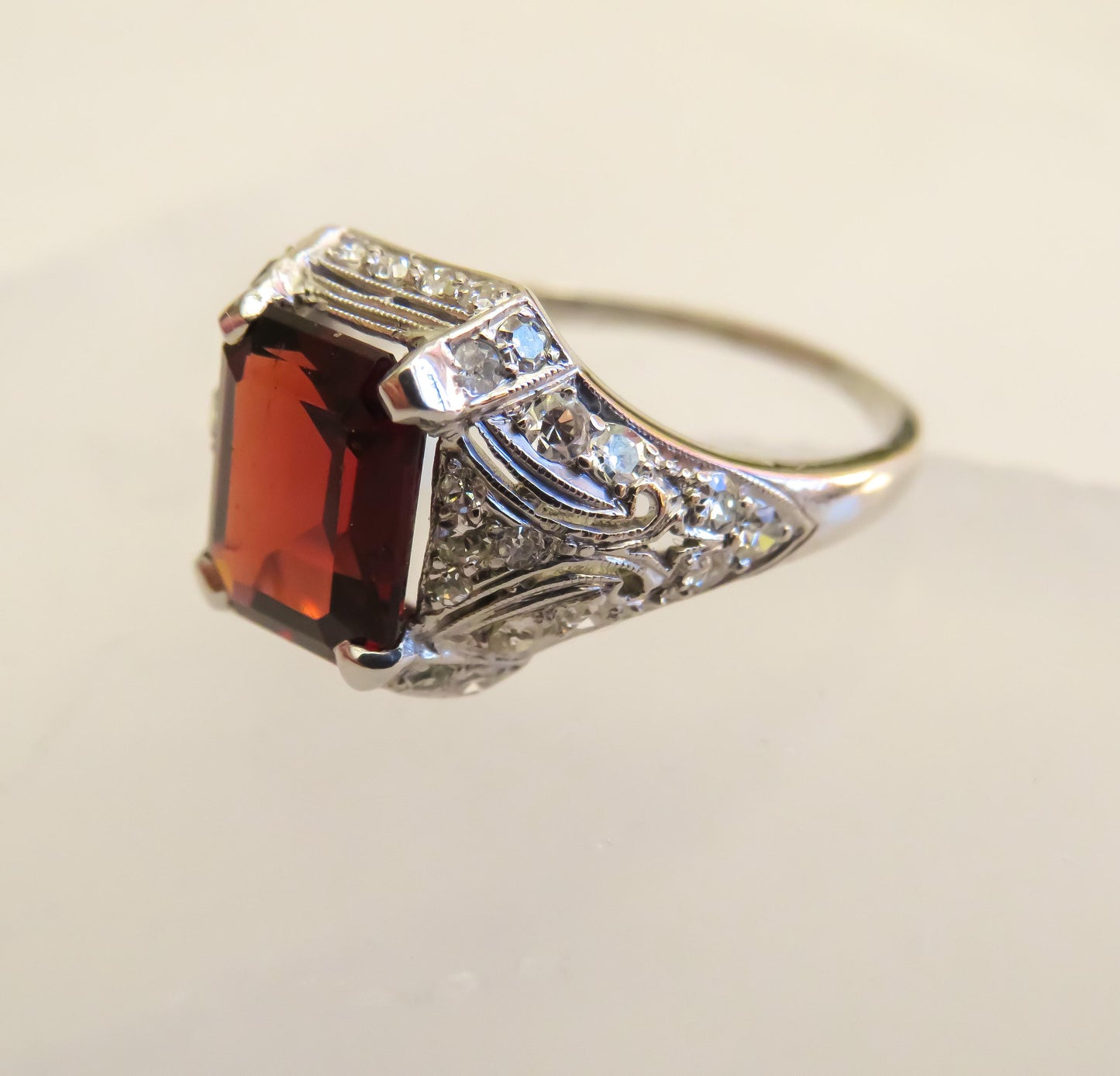 Art Deco Platinum Garnet & Diamond Ring