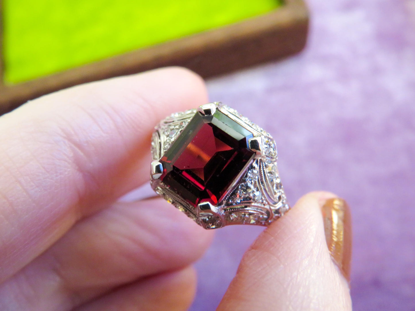 Art Deco Platinum Garnet & Diamond Ring